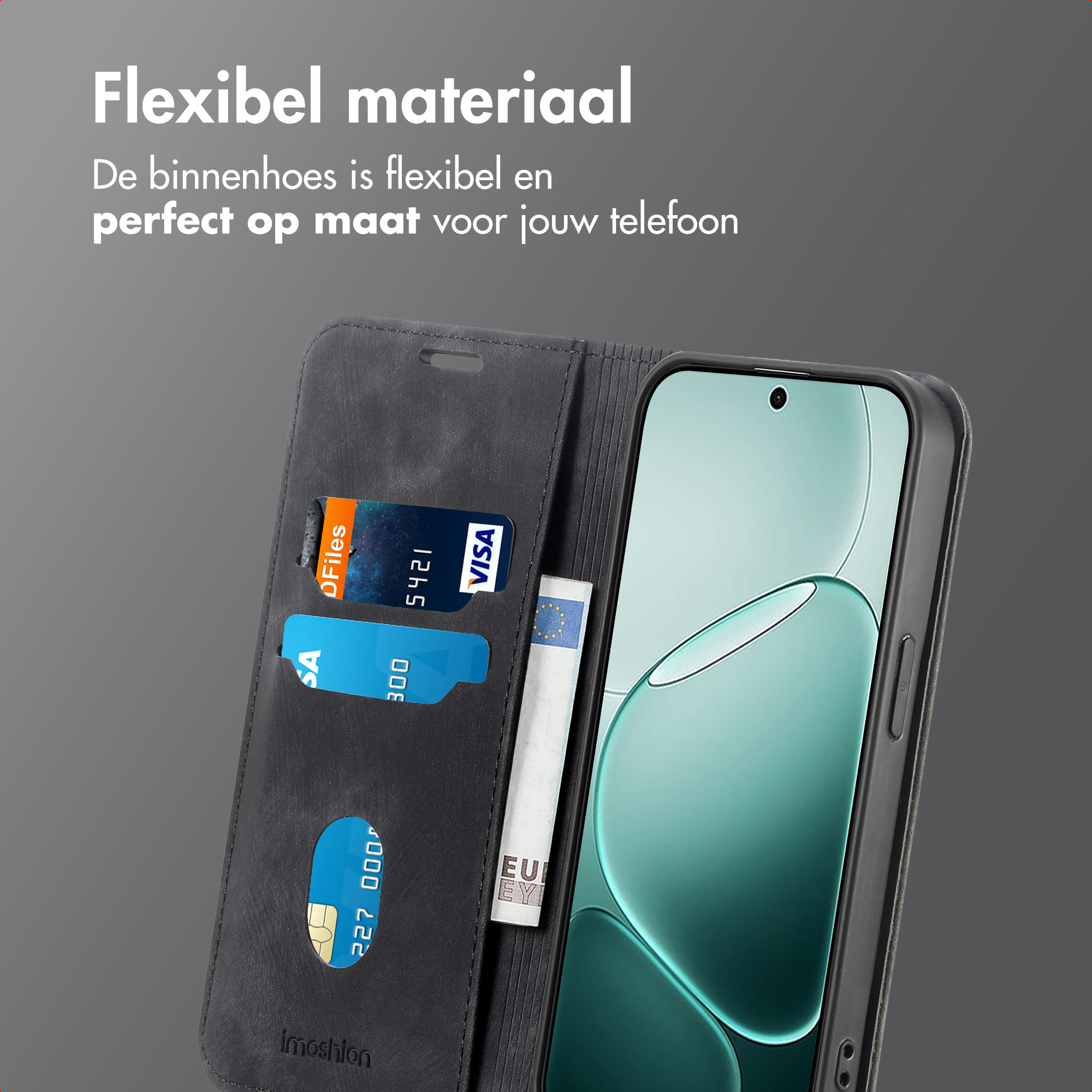 Zwarte telefoonhoes met kaarthouders en geldvak. Toont creditcards en een bankbiljet.