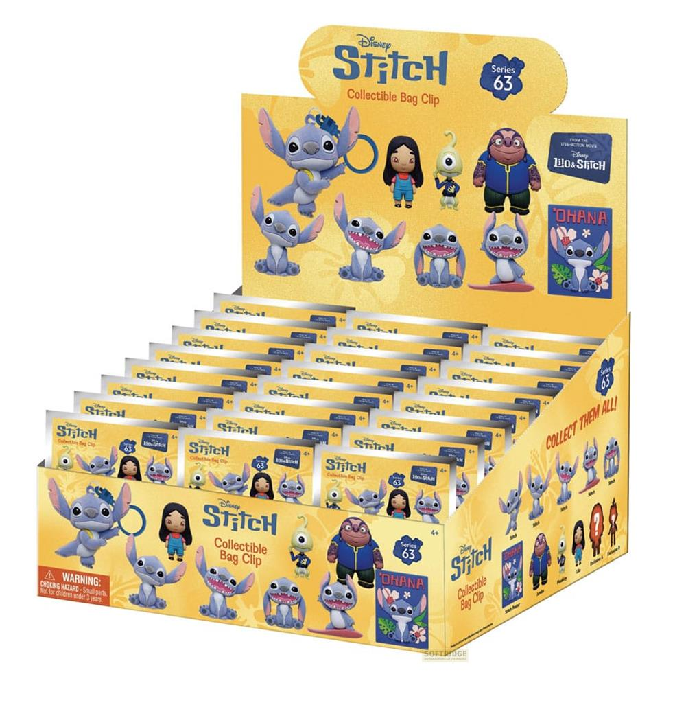 Exhibición de clips de bolso coleccionables de Stitch, serie 63, con muchas figuras pequeñas de Stitch.