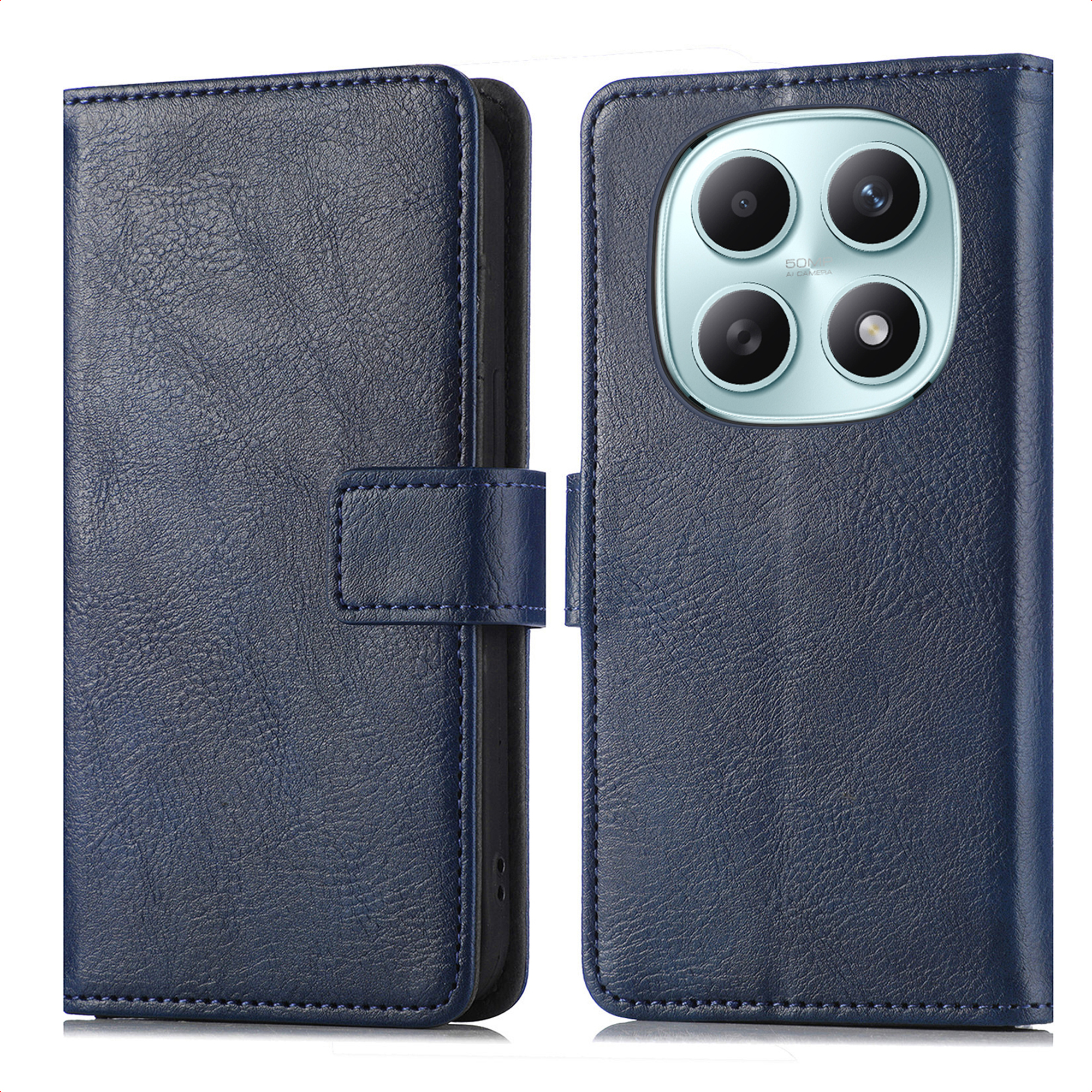 Donkerblauw leren flip hoesje met camera-uitsparing en sluiting.