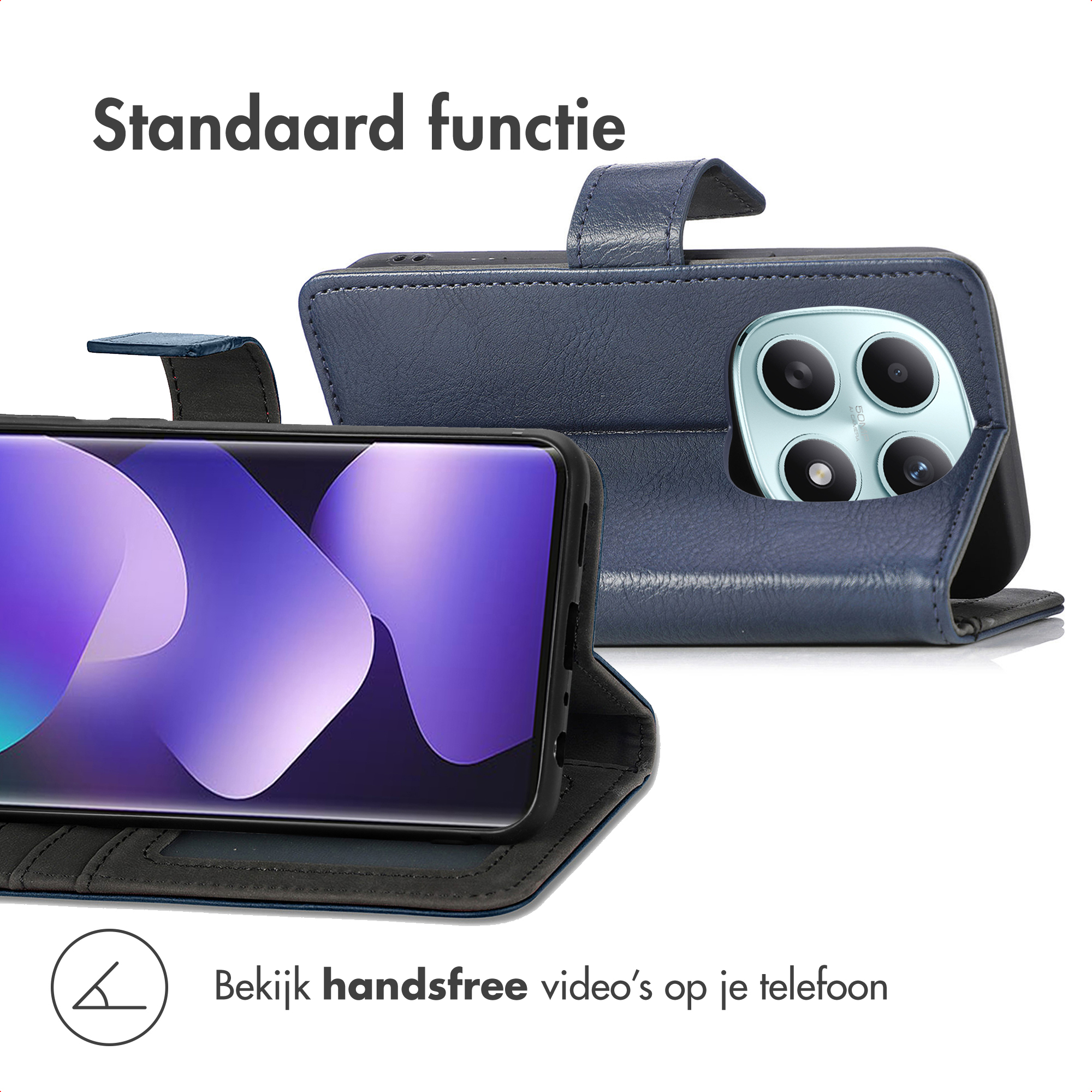 Een blauwe telefoon flipcase met telefoonscherm en camera. Toont standaardfunctie.