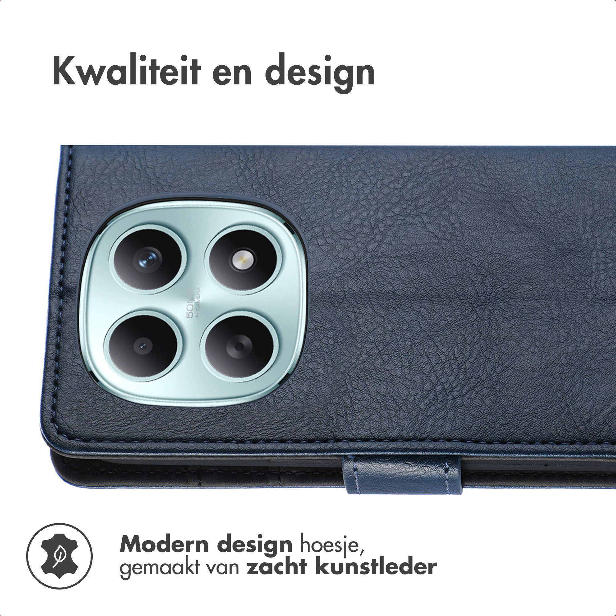 Donkerblauwe kunstleren telefoonhoes met vier camera's en bladicoon.