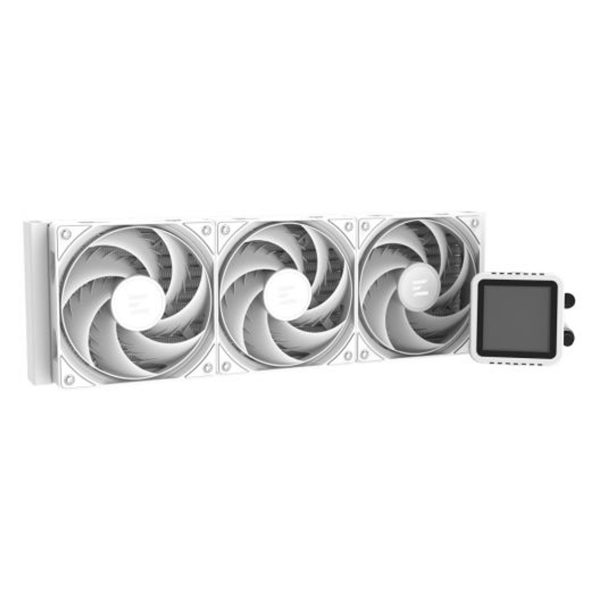 Un juego de enfriador de PC blanco con tres ventiladores y una unidad de control cuadrada.