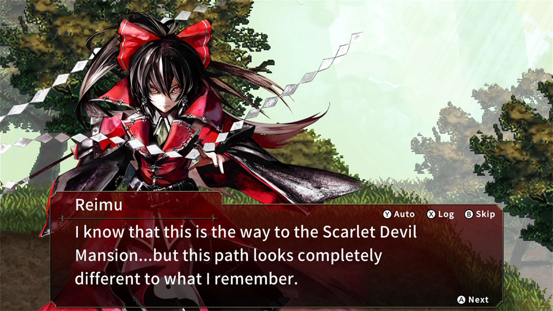 Reimu in einem roten Kleid mit Schleife im Haar, im Freien.