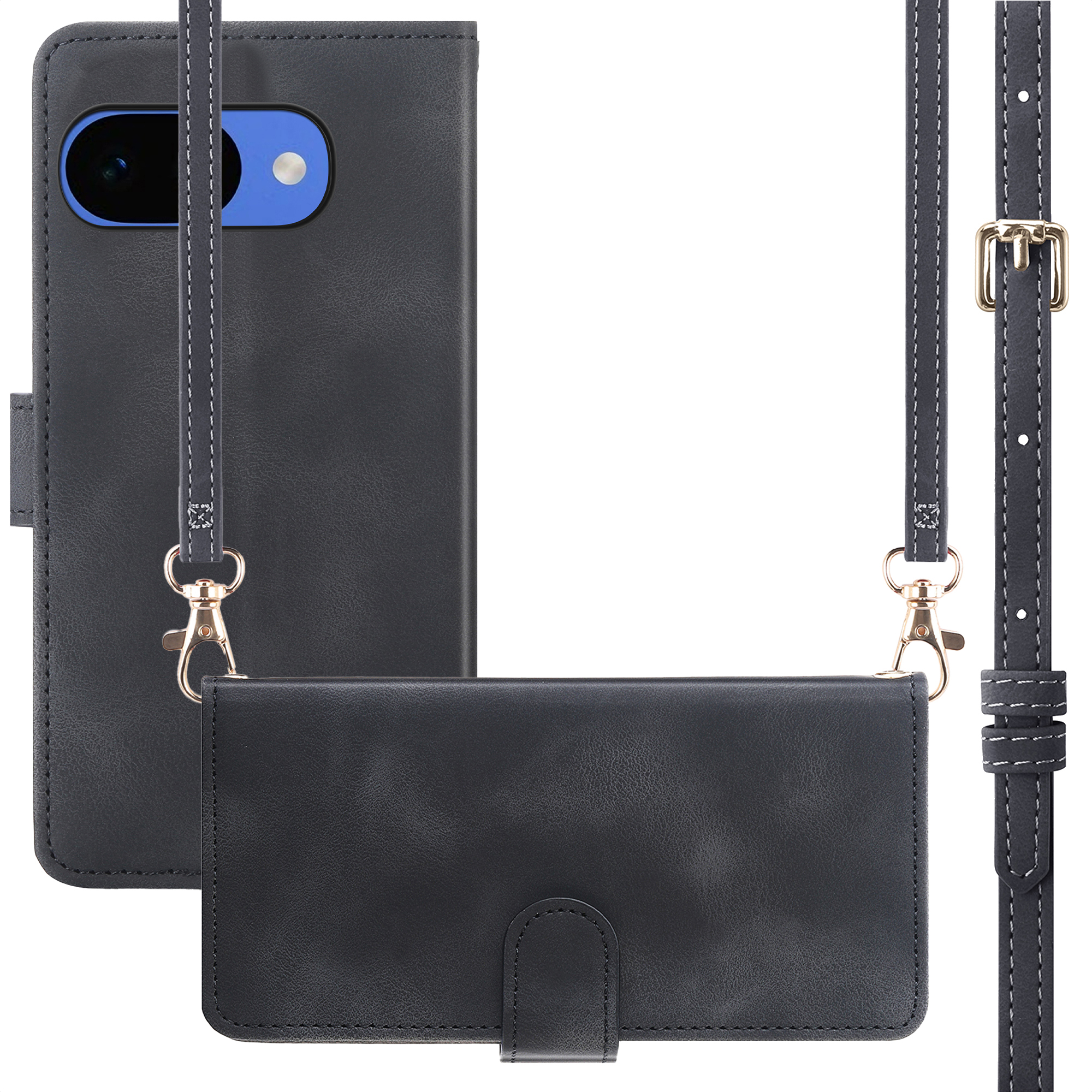 Donkergrijs leren flipcase voor smartphone met camera-uitsparing en schouderband.
