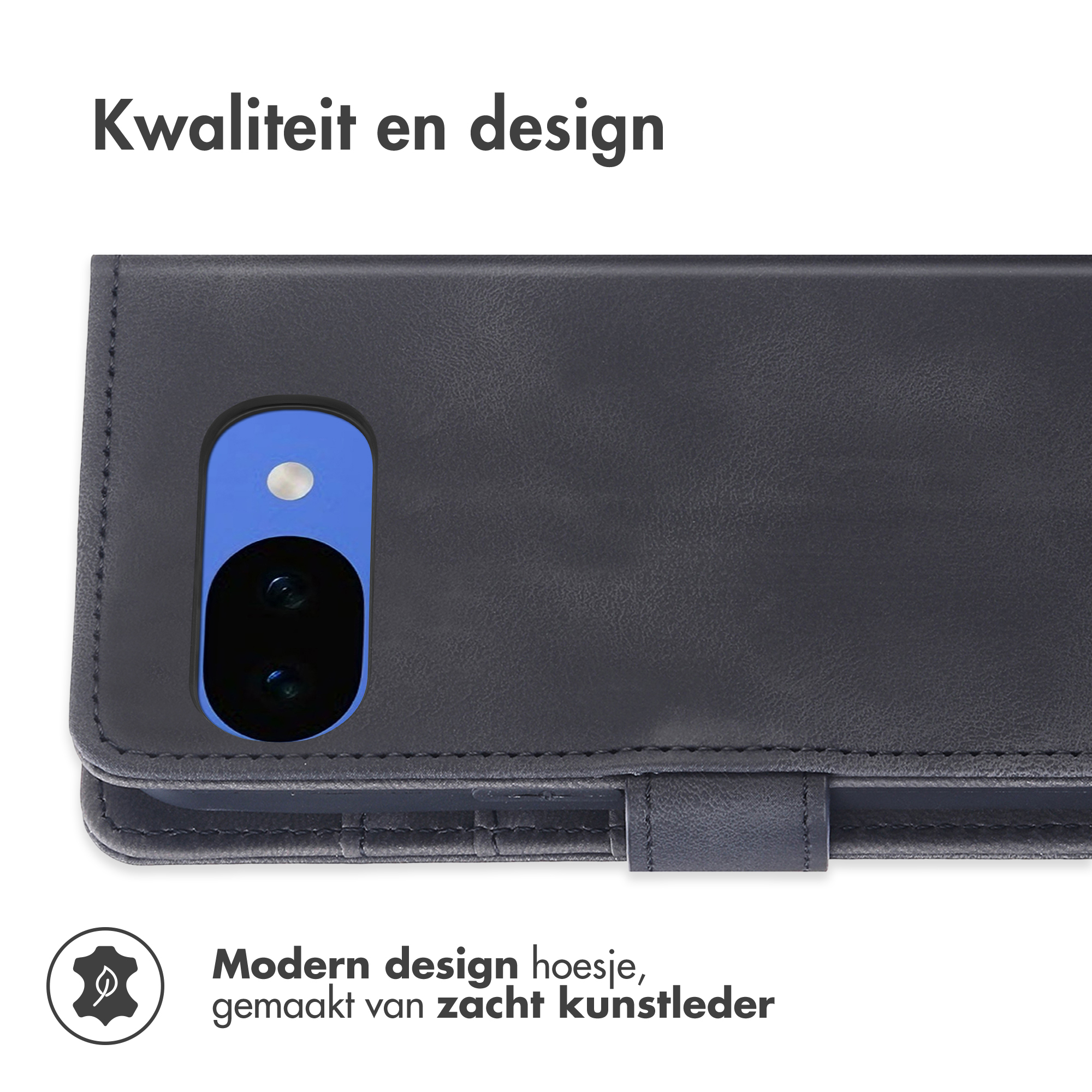 Donkergrijs flip hoesje voor smartphone met camera-uitsparing.