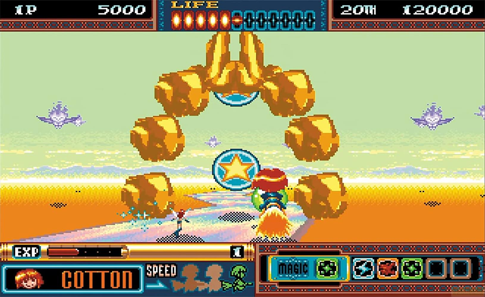 Scena di gioco pixel con Cotton che vola su una scopa, circondata da blocchi dorati.