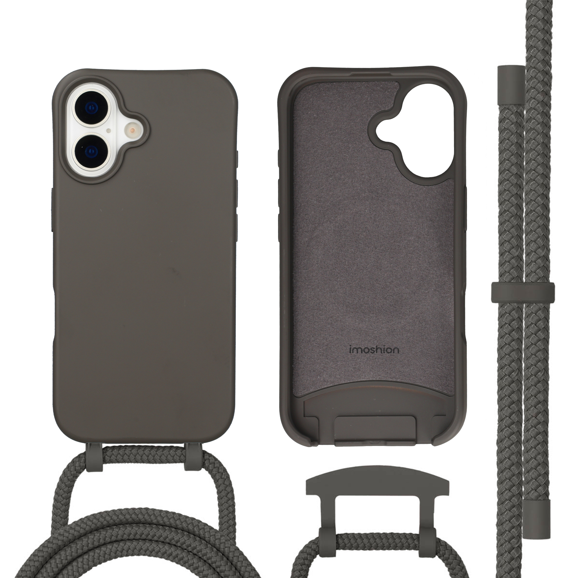 Donkergrijs telefoonhoesje met koord. Voor-, achterkant en koord getoond.
