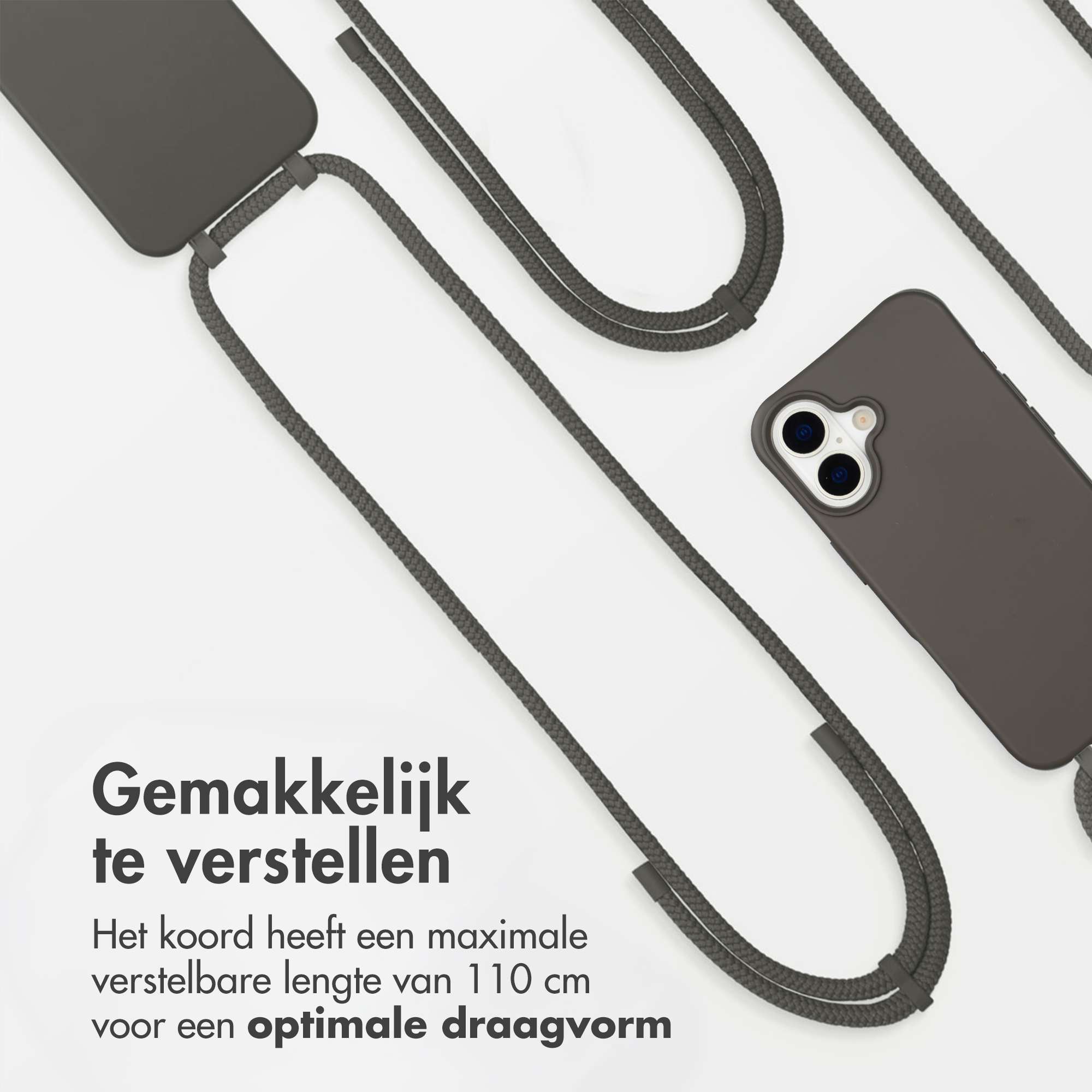 Donkergrijs telefoonhoesje met verstelbaar koord, op witte achtergrond.