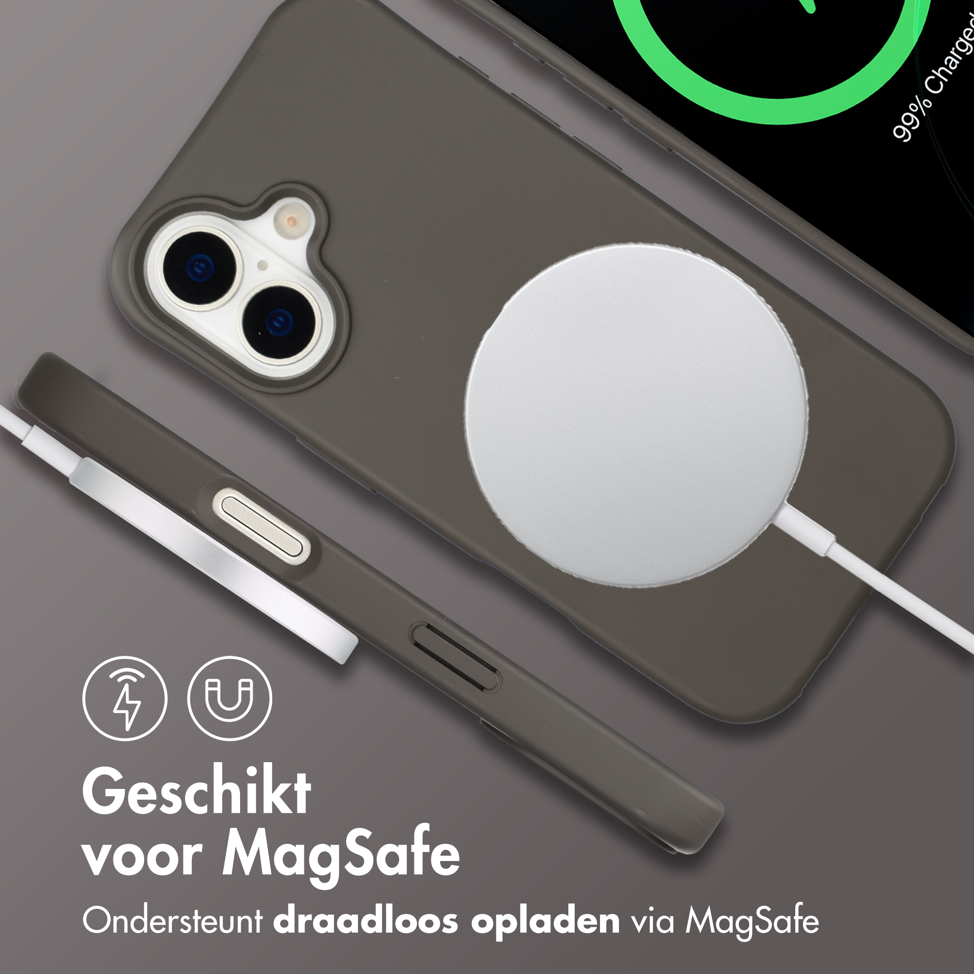 Grijze telefoonhoes met MagSafe-oplader en laadindicator.
