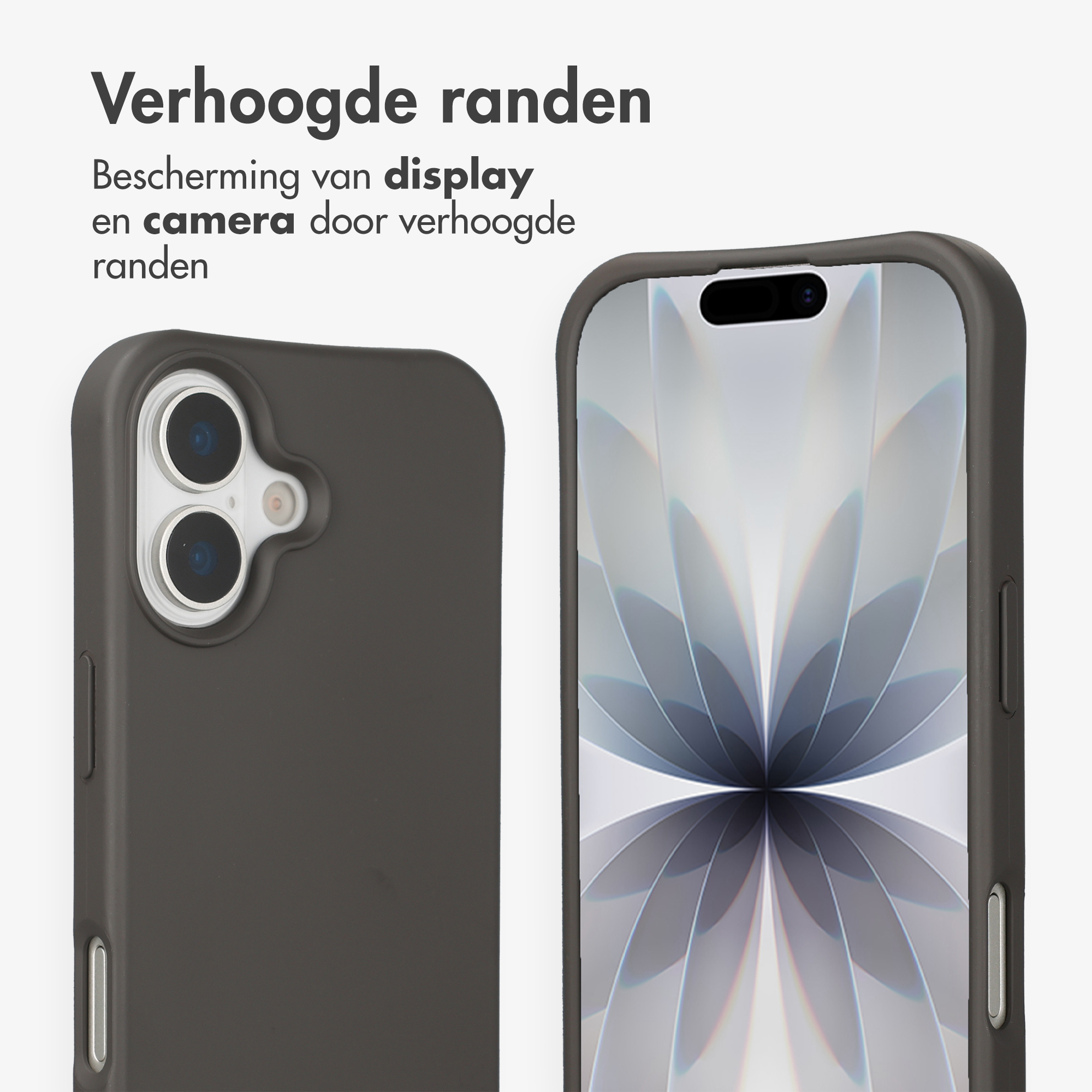 Donkergrijs telefoonhoesje met verhoogde randen toont cameramodule en scherm.