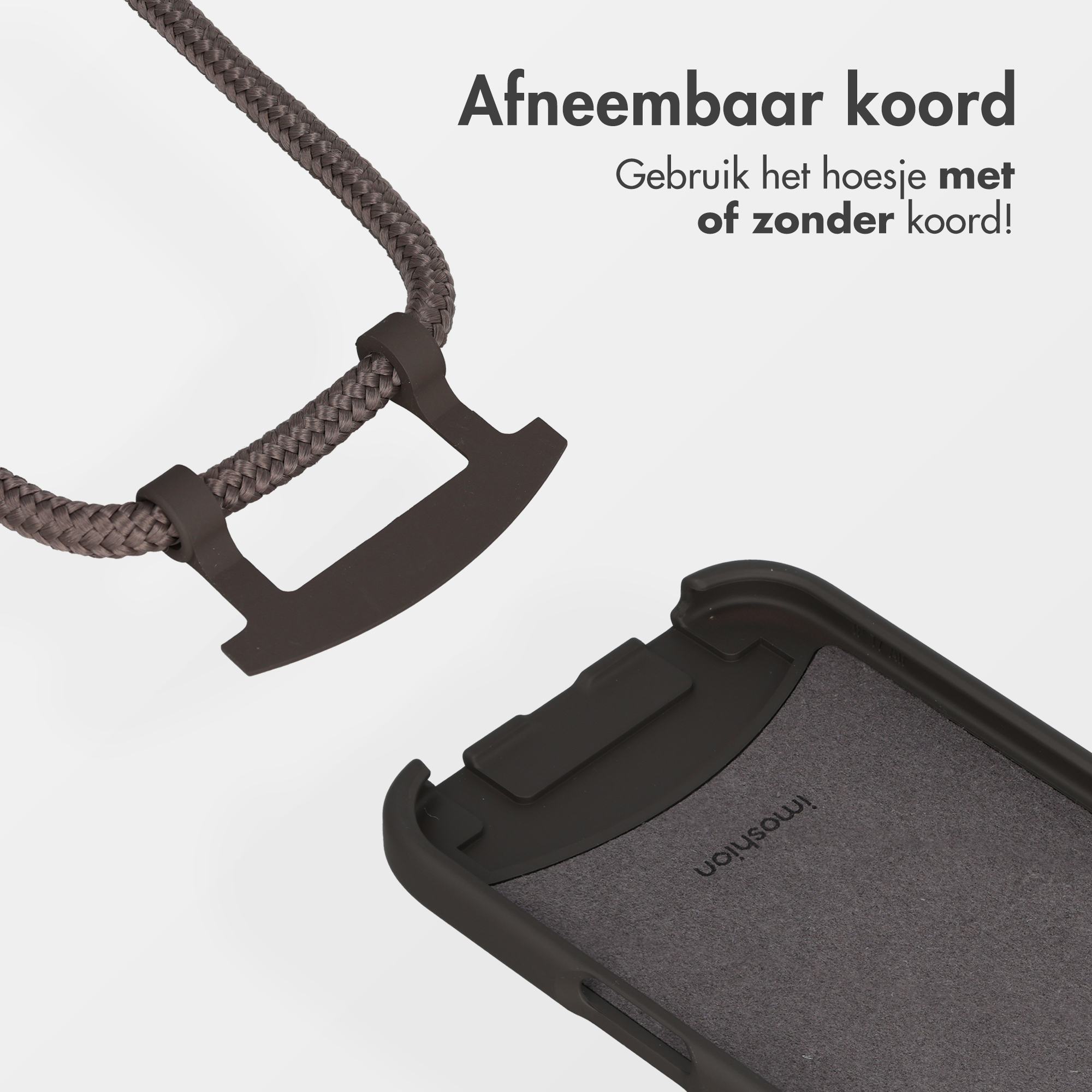 Een grijs koord met een afneembare clip naast een zwarte telefoonhoes.