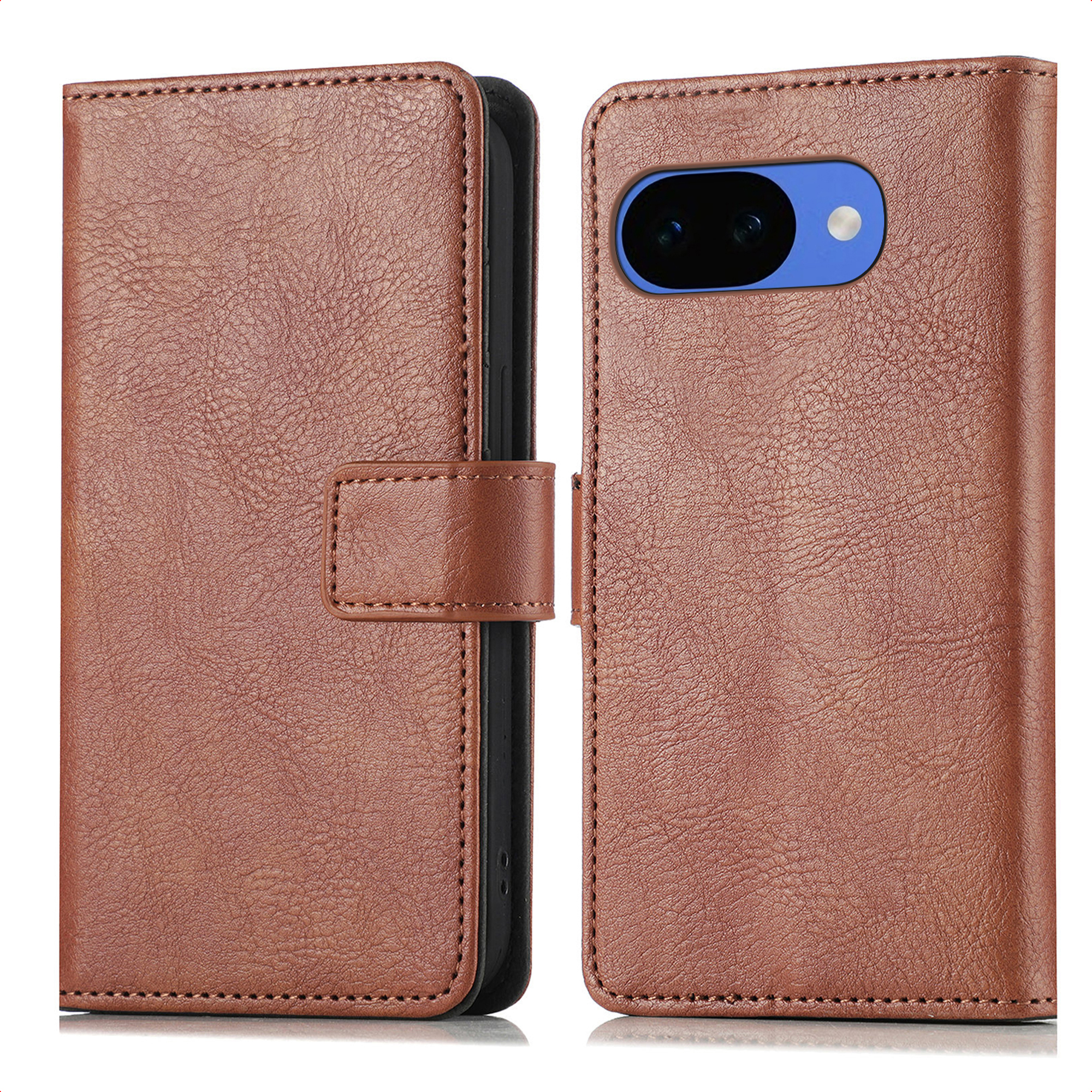 Bruine leren telefoonhoes met caméragaten en sluitklep.