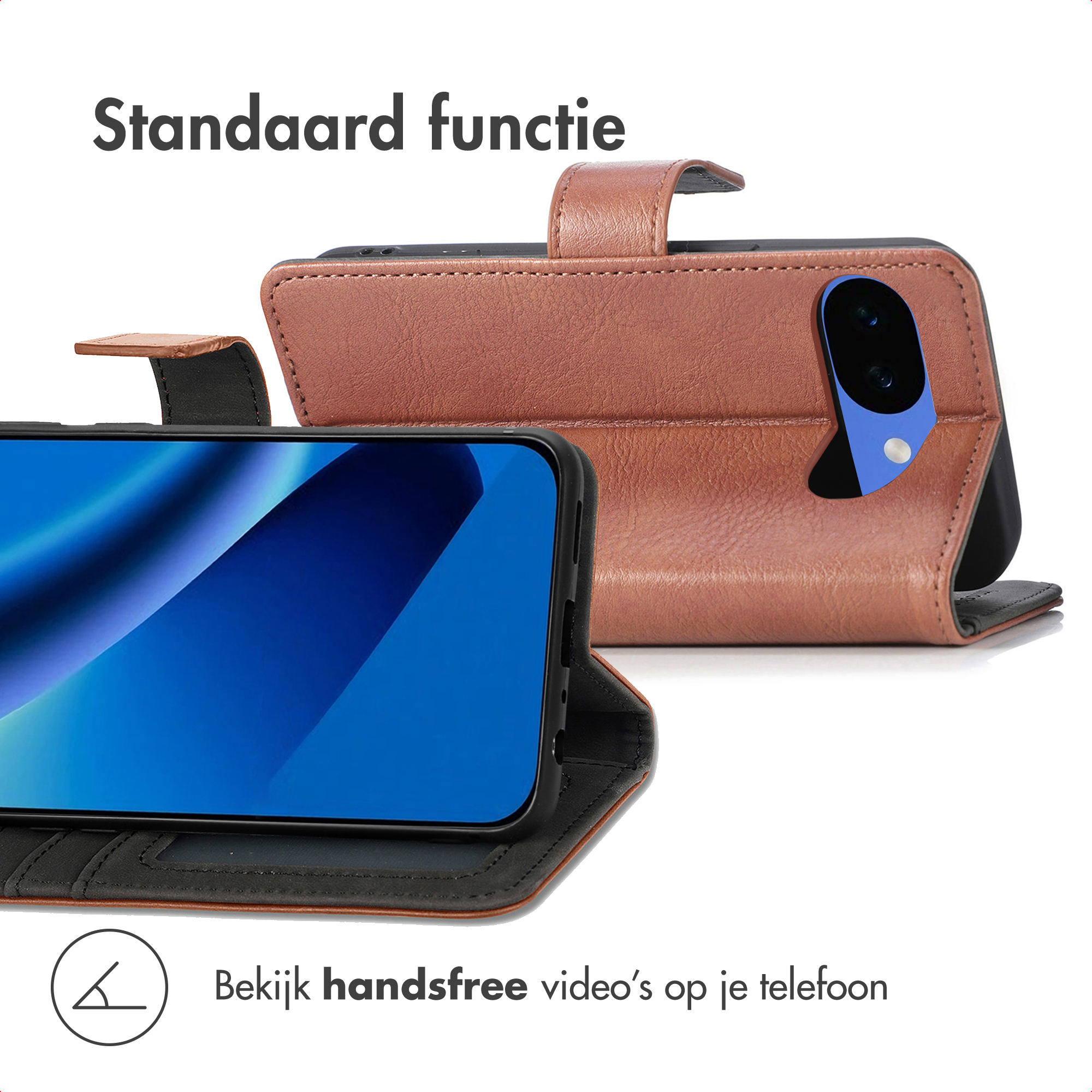 Bruine leren flip case met standaardfunctie en camera-uitsparing.