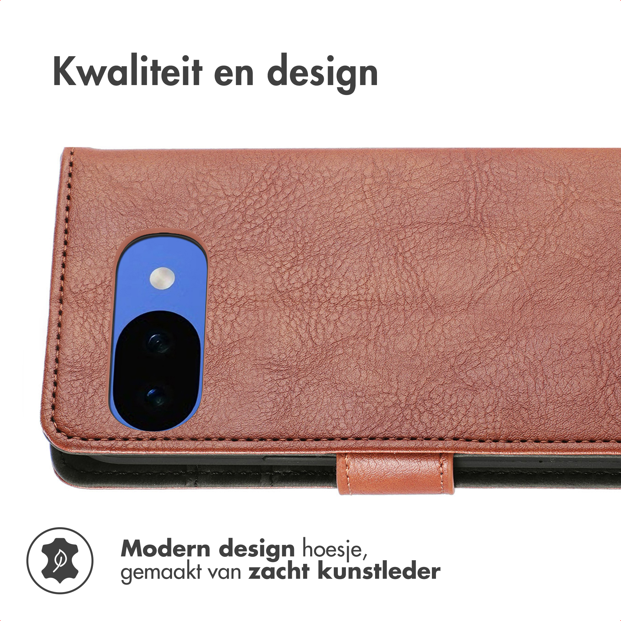 Bruine kunstleren telefoonhoes met camera-uitsparing en zegelicoon.