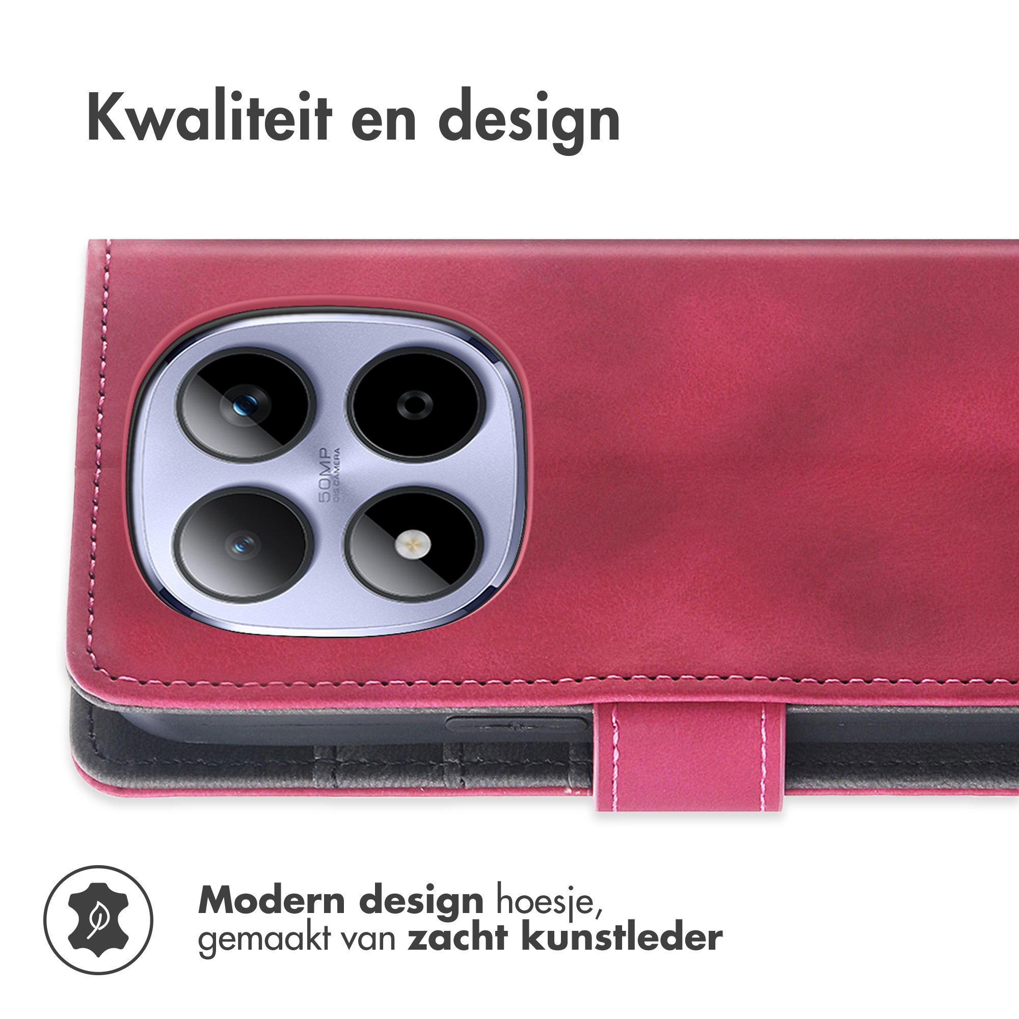 Een roze flip telefoonhoesje met camerasysteem.
