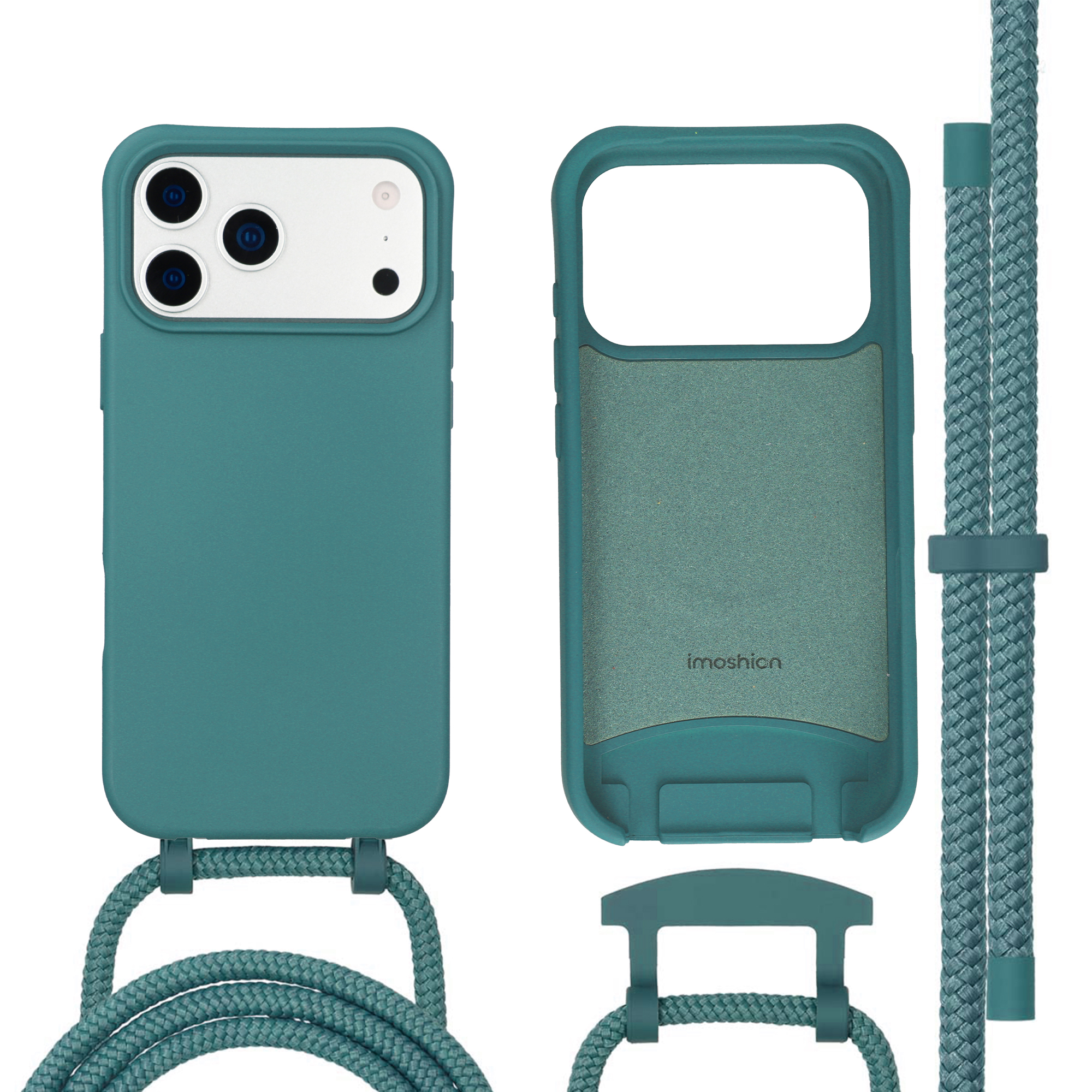 Coque d'iPhone bleu sarcelle avec découpe caméra et lanière tressée.