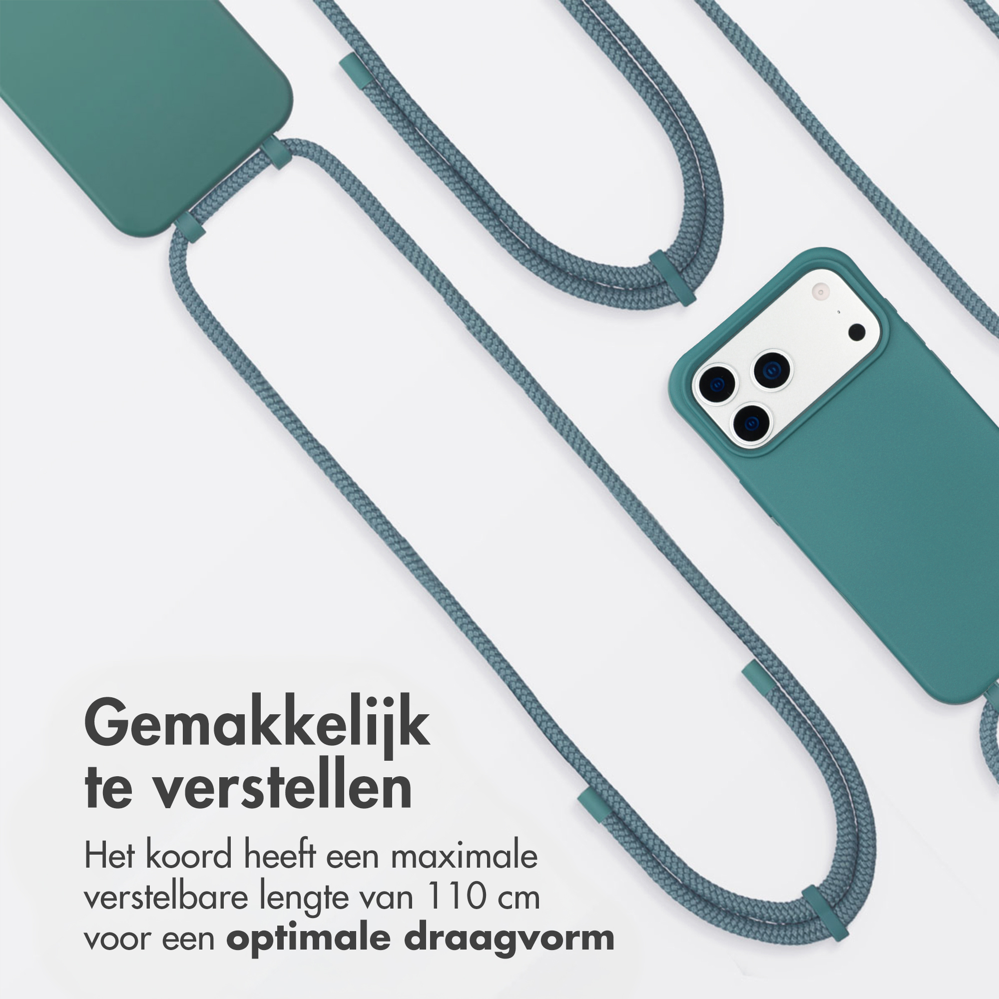 Coque de téléphone bleu sarcelle avec cordon. Longueur réglable 110 cm.