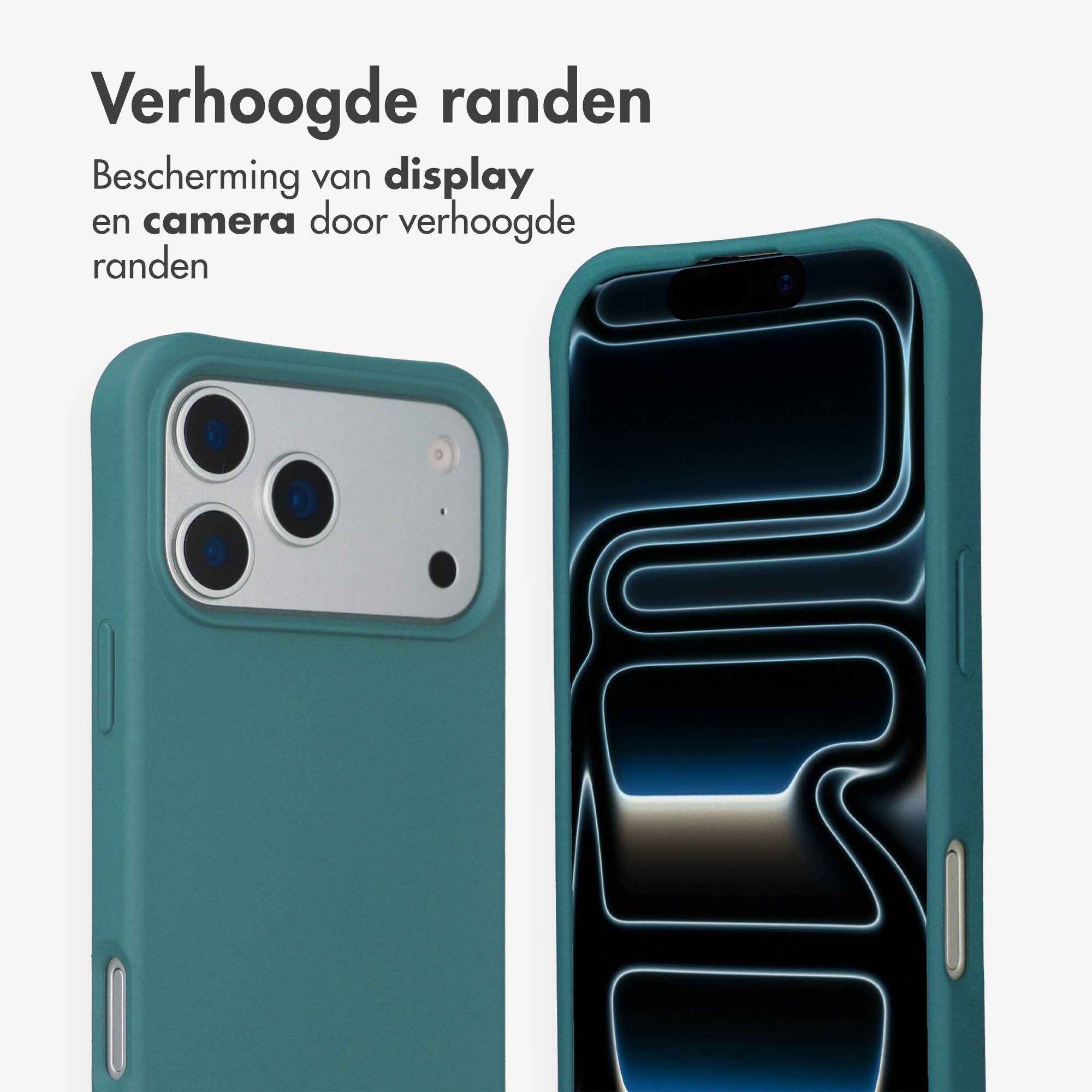Deux coques de téléphone bleu sarcelle avec bords surélevés. L'une montre la caméra, l'autre l'écran.