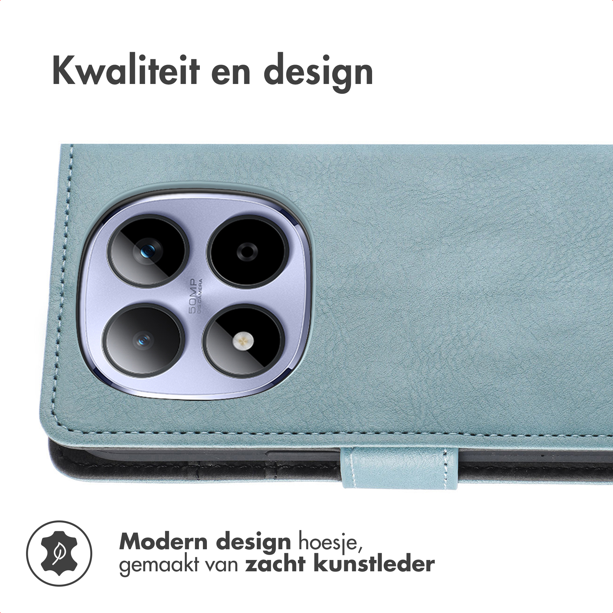 Blauwe telefoonhoes met 4 camera's en reliëf blad symbool.
