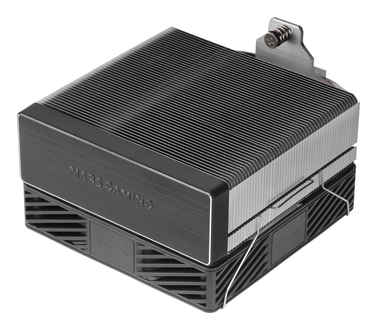 Czarny radiator CPU z aluminiowymi żeberkami i logo MARS GAMING.