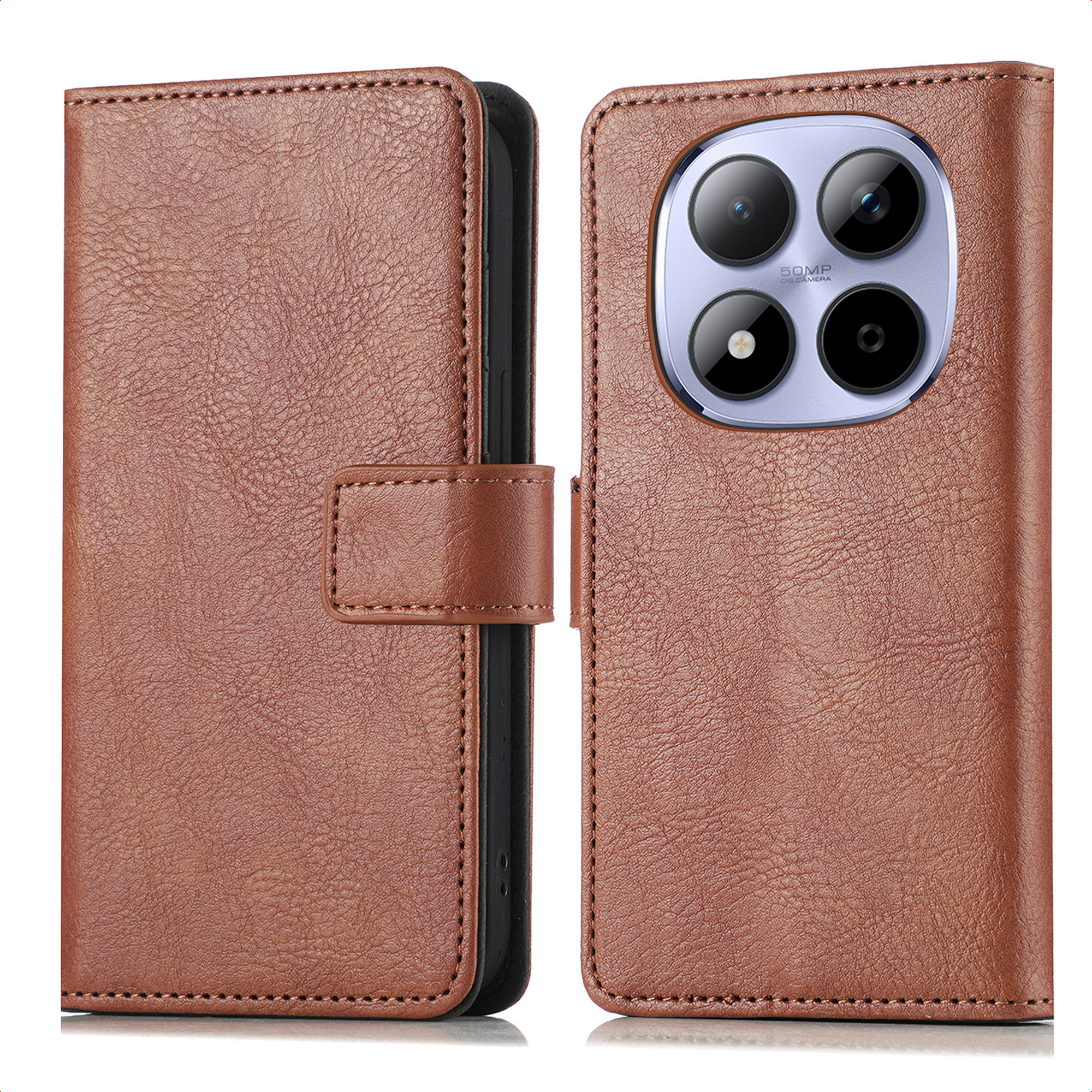 Étui de téléphone en cuir marron avec ouverture caméra et fermeture magnétique.