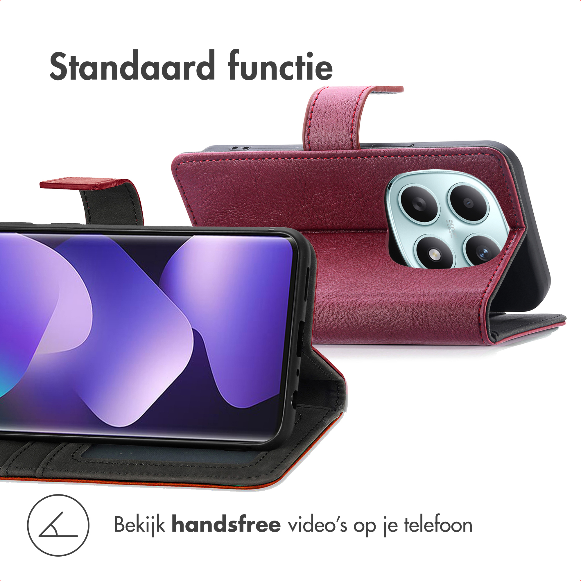 Een rode leren flip case met telefoon en standaardfunctie.