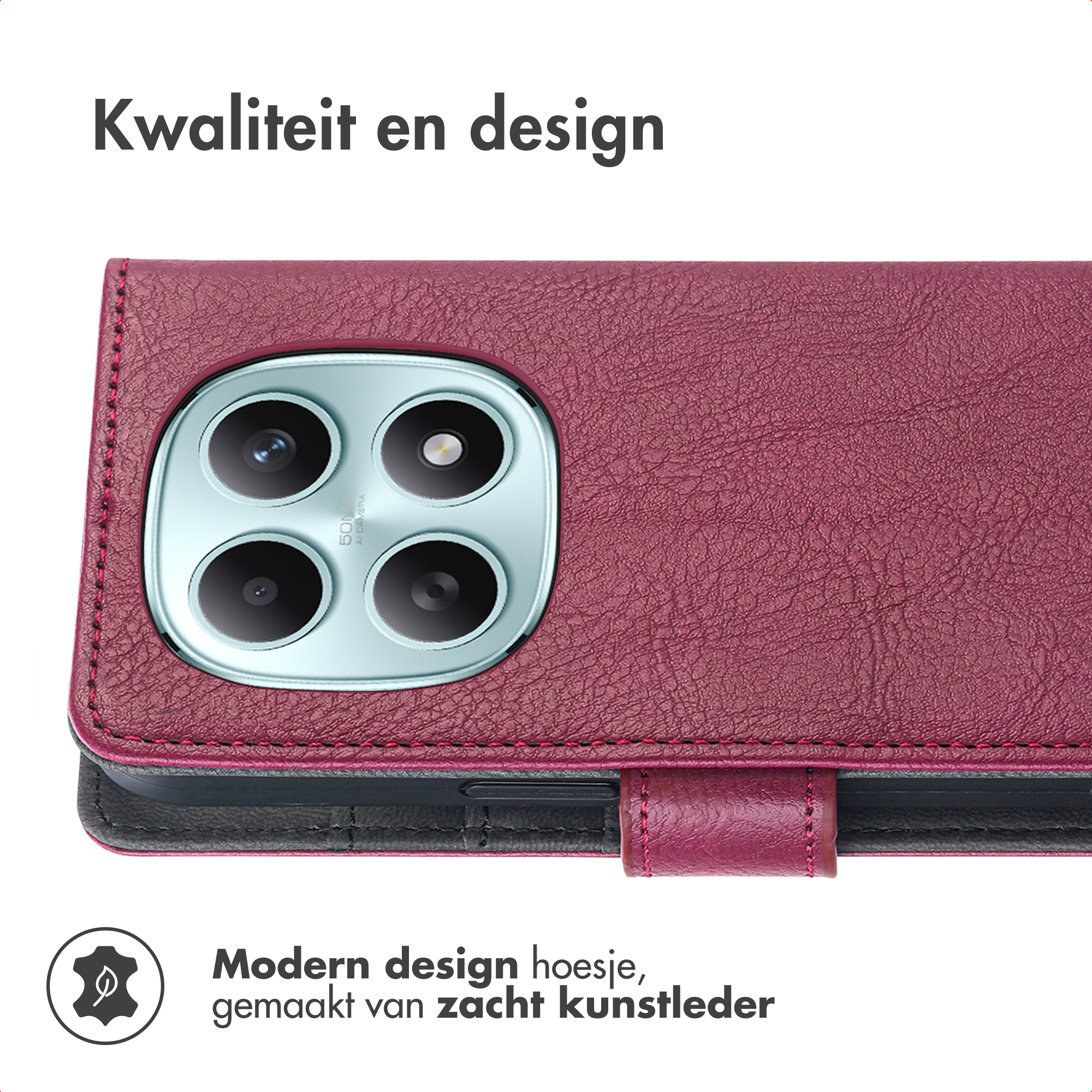 Burgundische kunstleren telefoonhoes met vier camera's en stiksels.