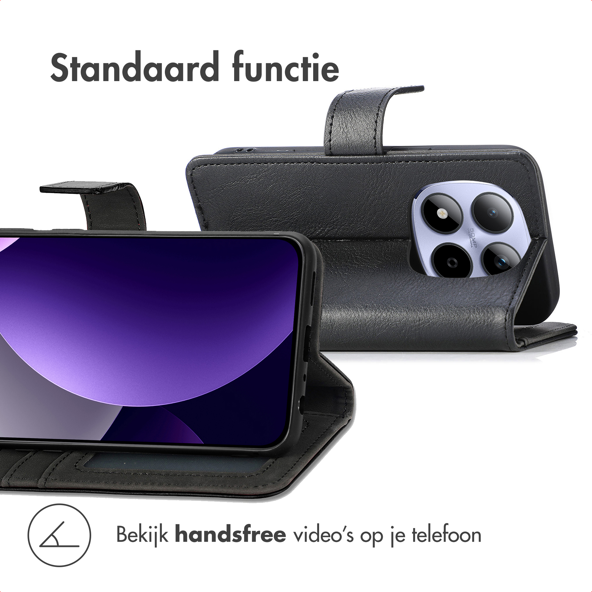 Étui en cuir noir avec téléphone et appareil photo. "Standaard functie".