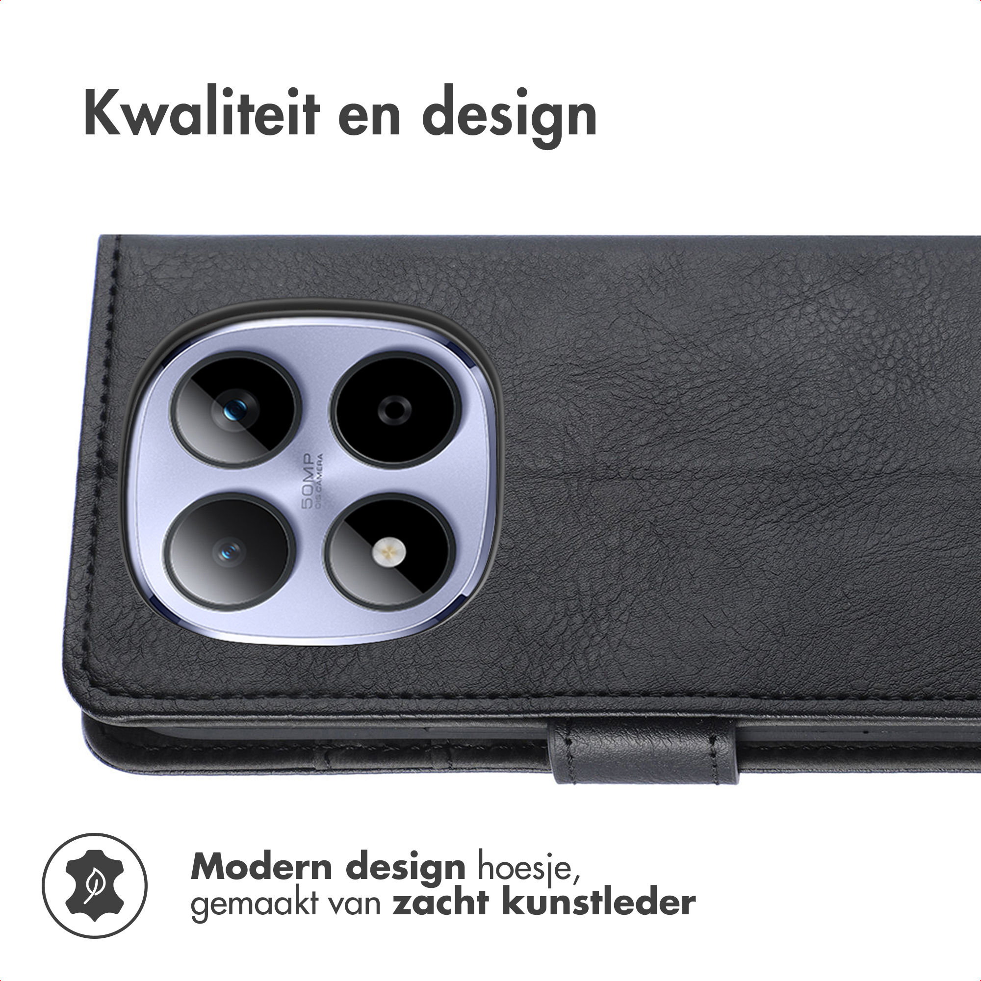 Coque de téléphone noire en similicuir avec découpe caméra. 'Qualité et design'.