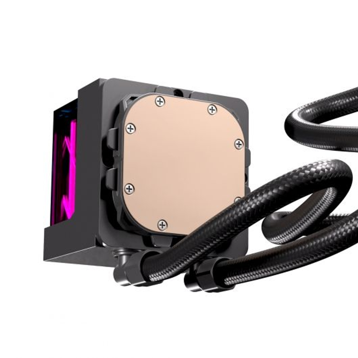 Un raffreddatore per computer nero con piastra di rame e illuminazione rosa.