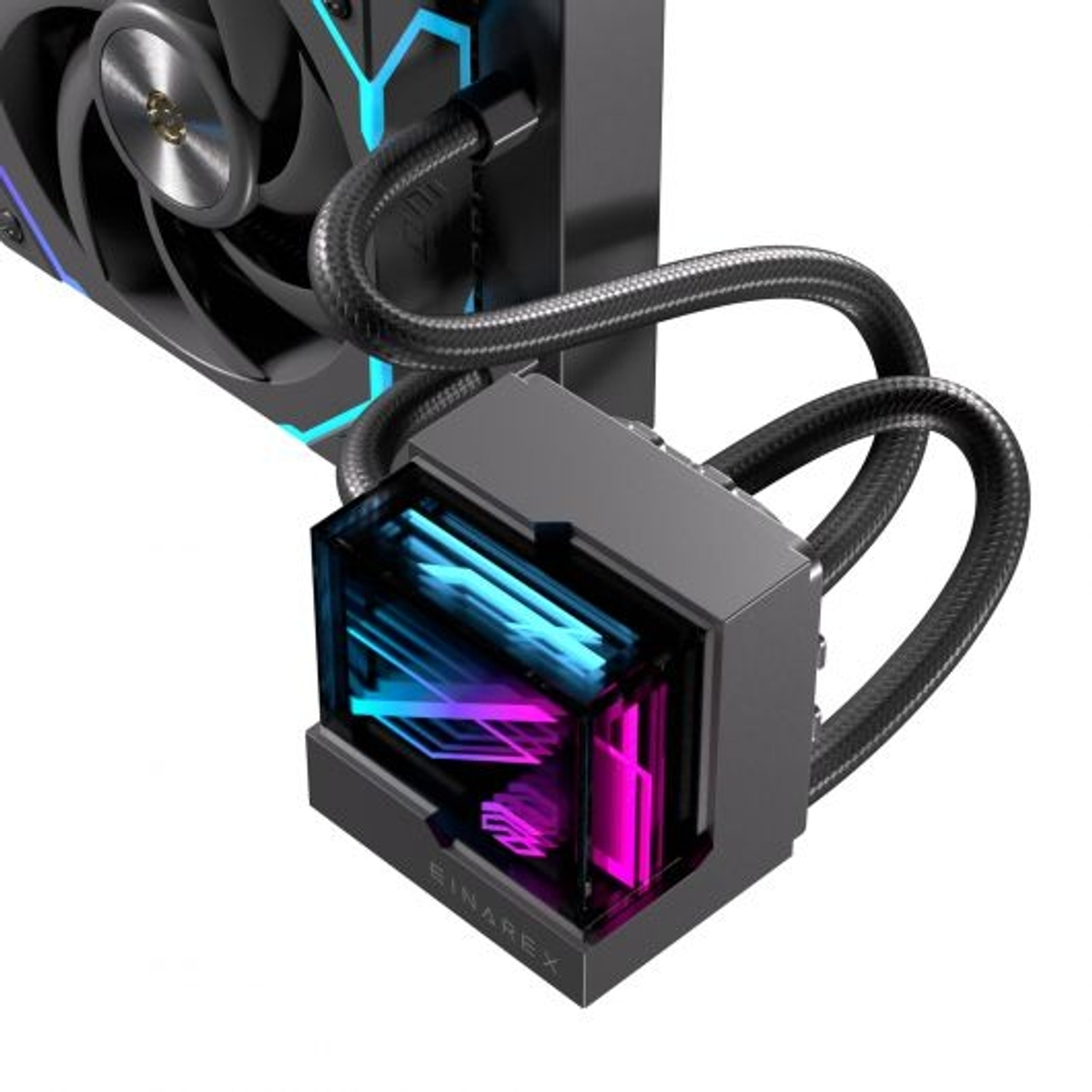 Una ventola del computer nera con luci blu e due tubi che conducono a un'unità grigia.