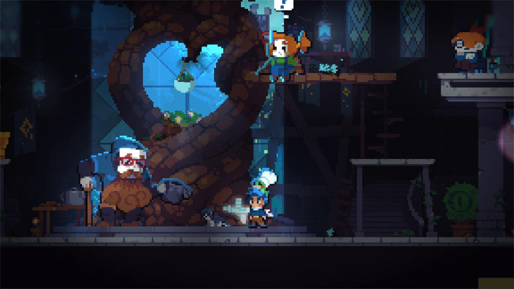 Scena pixel art z postaciami w ciemnym otoczeniu, z dużym drzewem w kształcie serca.