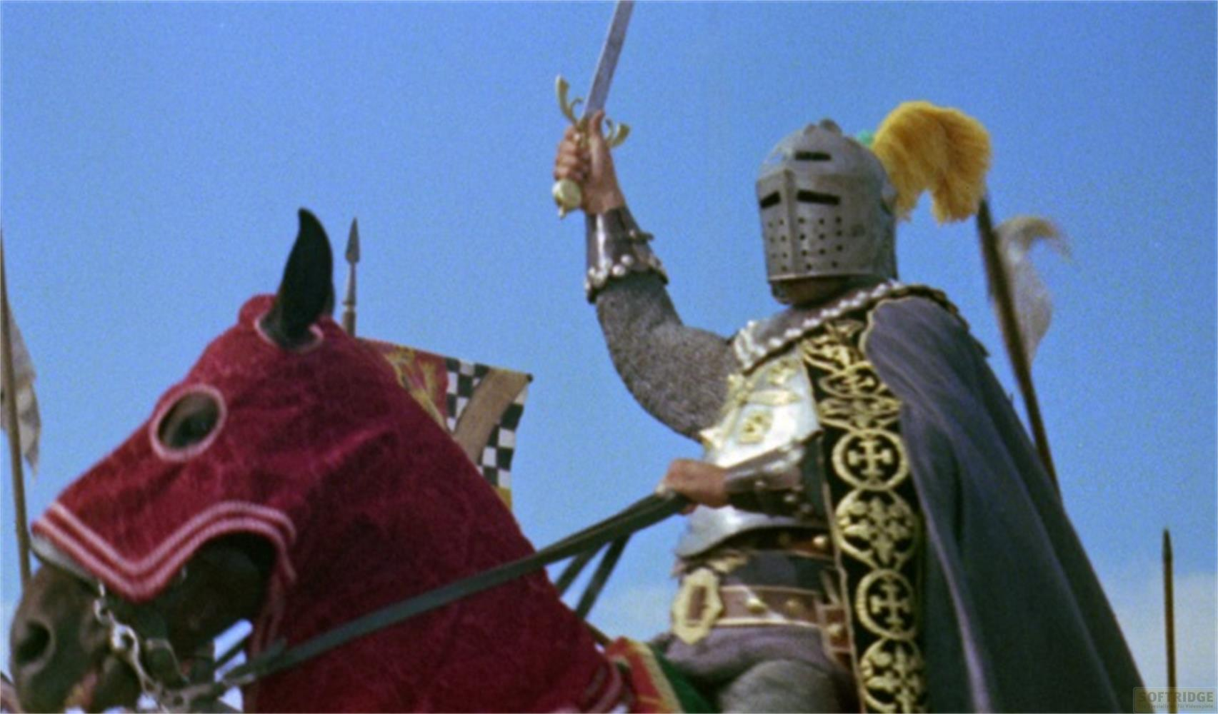 Cavaliere in armatura su cavallo con coperta rossa, tiene una spada.