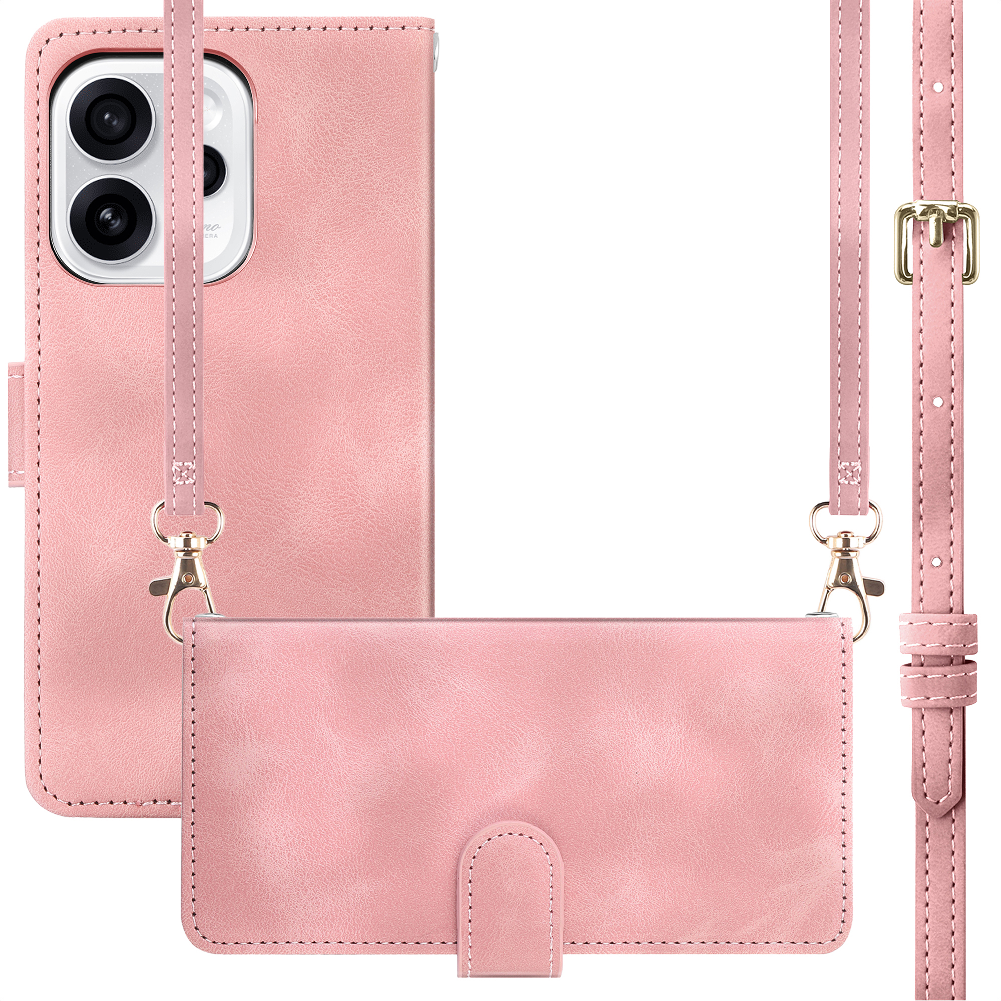 Een roze telefoonhoes met riempje en camera-uitsparing.
