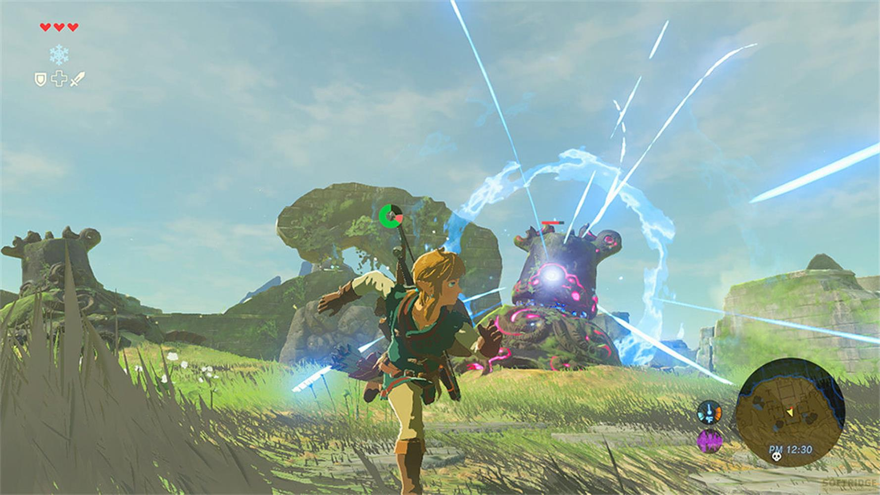 Link court dans un champ vers un robot géant avec des rayons d'énergie bleus.