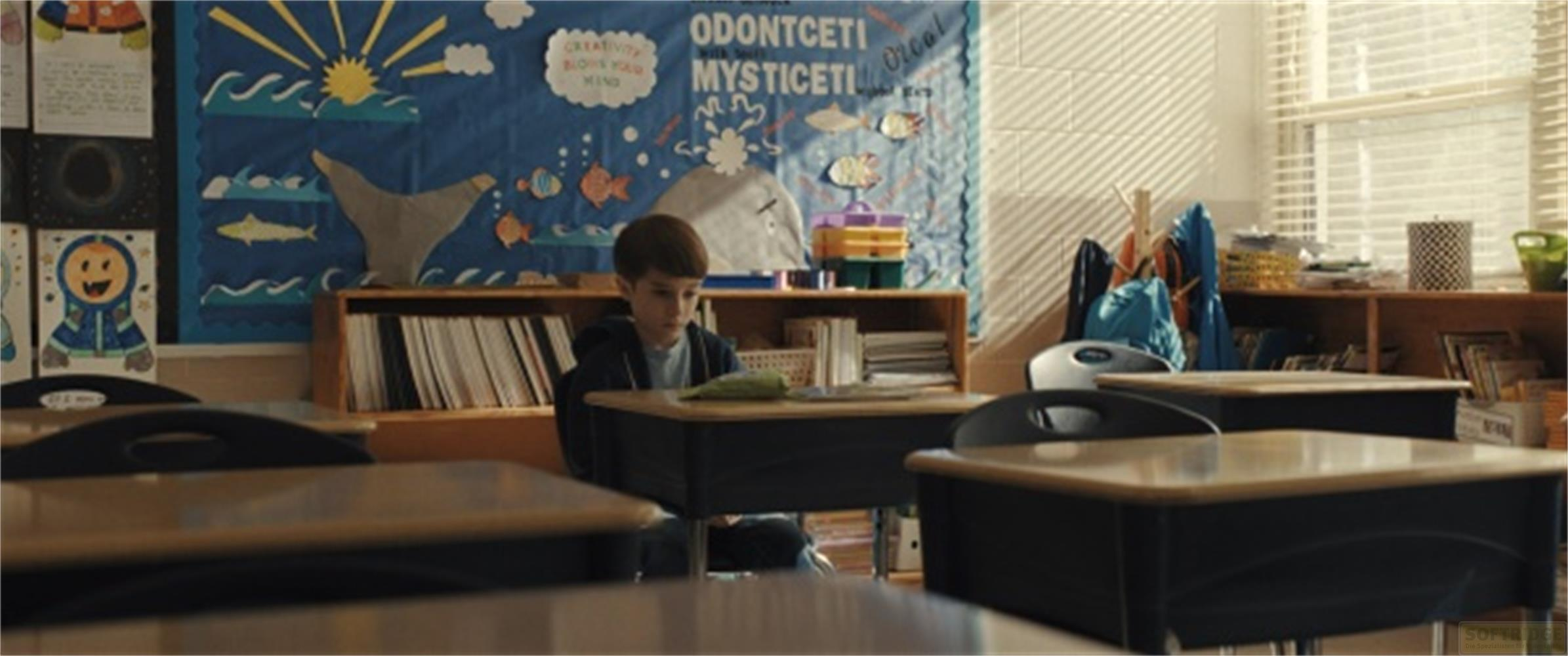 Un ragazzo siede a una scrivania in un'aula con decorazioni sulla bacheca.