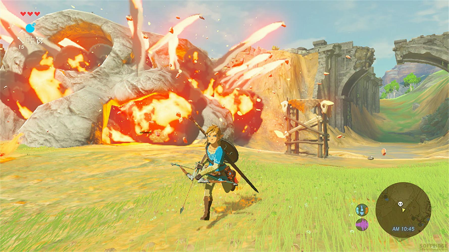 Link avec arc et bouclier devant une formation rocheuse en explosion.