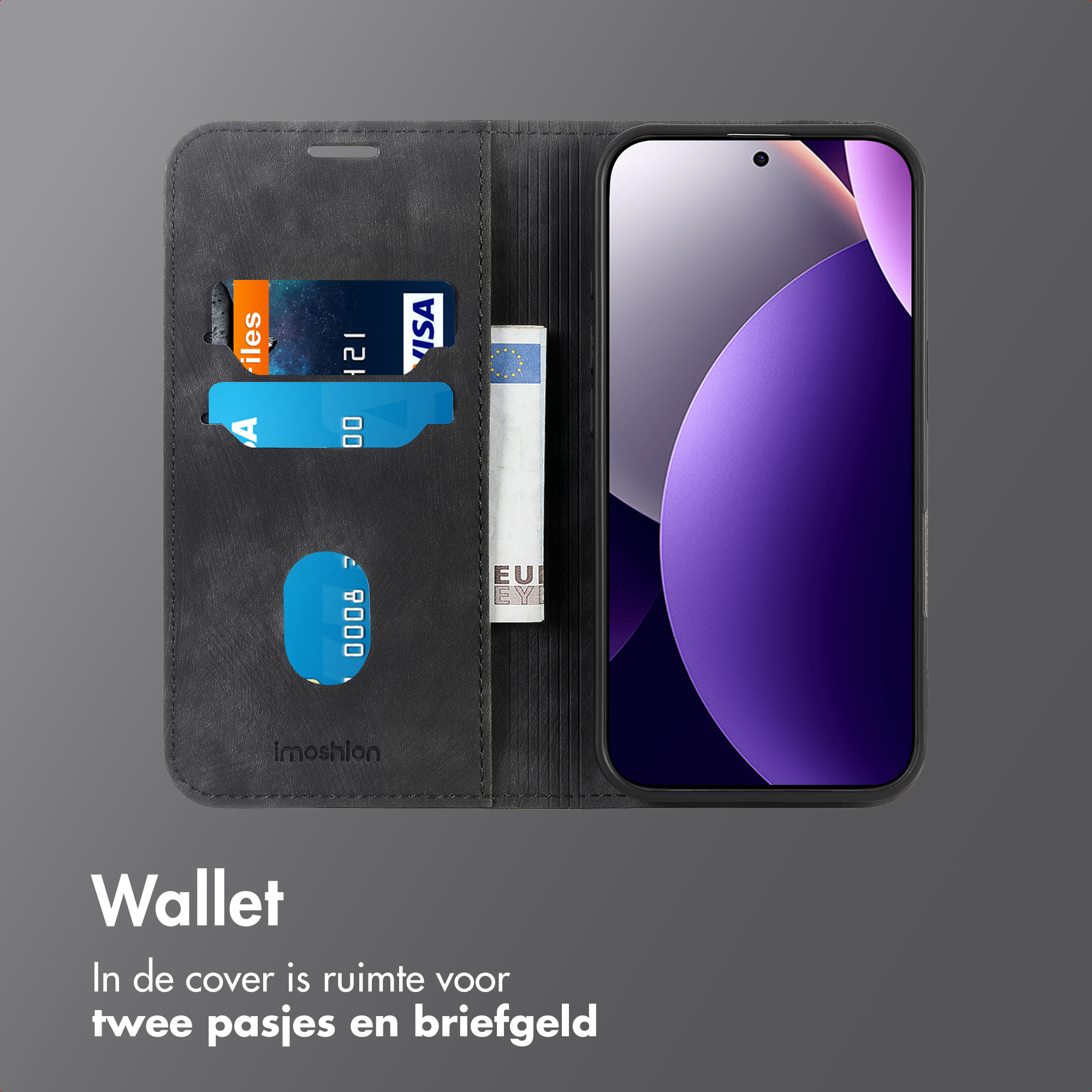 Zwarte telefoonhoes met kaartsleuven en geldvak, toont een smartphone.