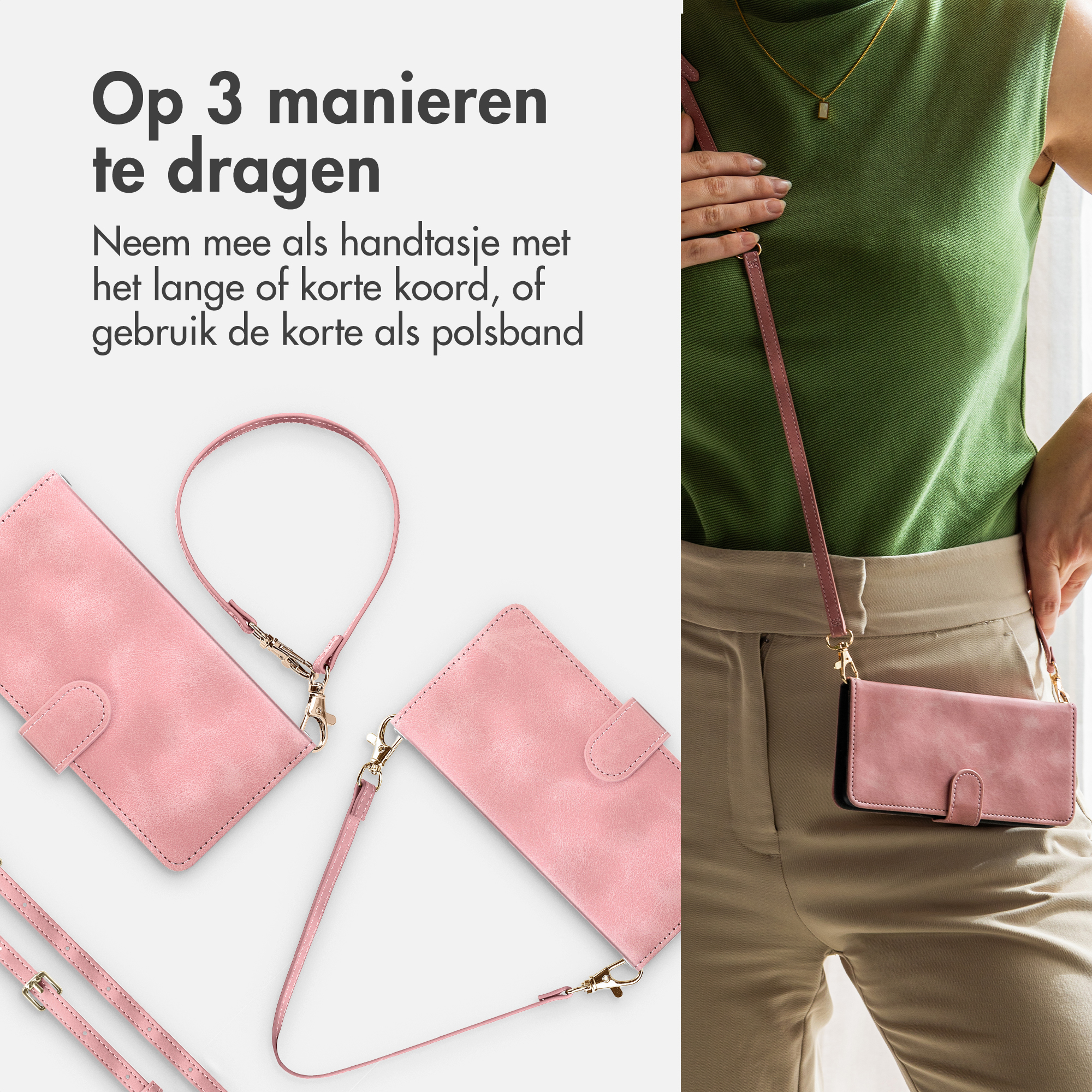 Roze telefoonhoesje met draagmogelijkheden: tas, kort koord of polsband.