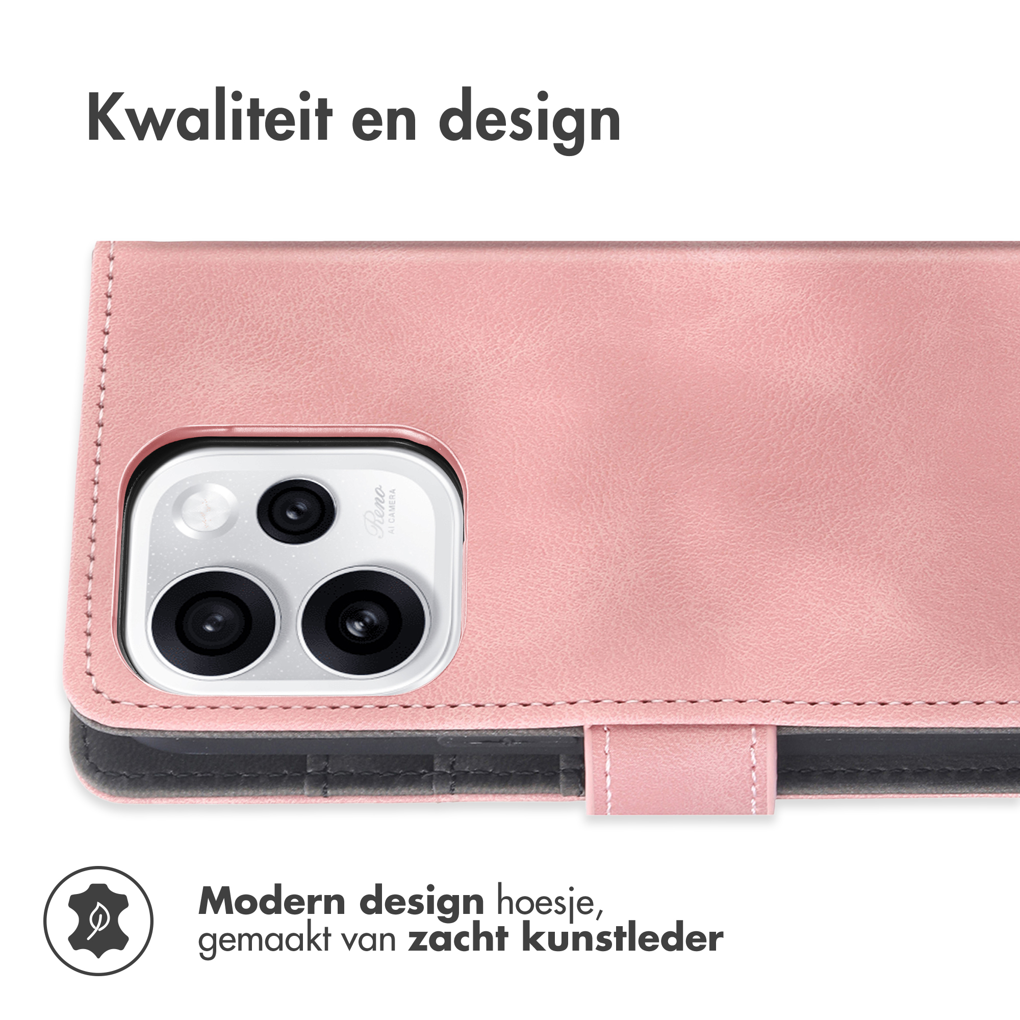 Roze kunstlederen telefoonhoesje met drie cameralenzen en stiksels.