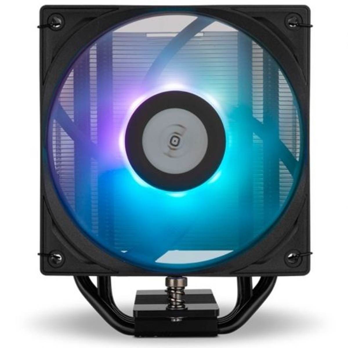 Een zwarte computer ventilator met kleurrijke LED's, gemonteerd op een voet.