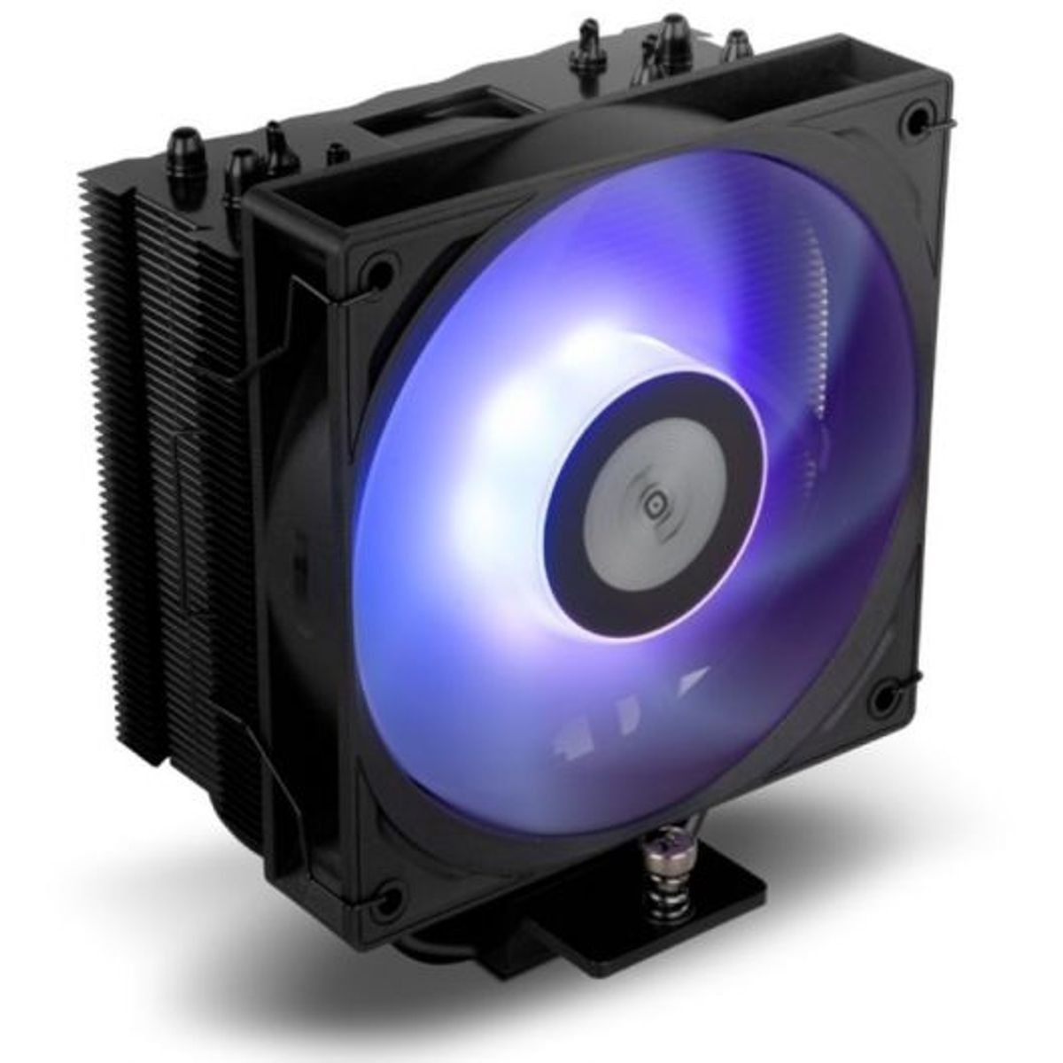 Zwarte CPU-koeler met blauw-paars verlichte ventilator.