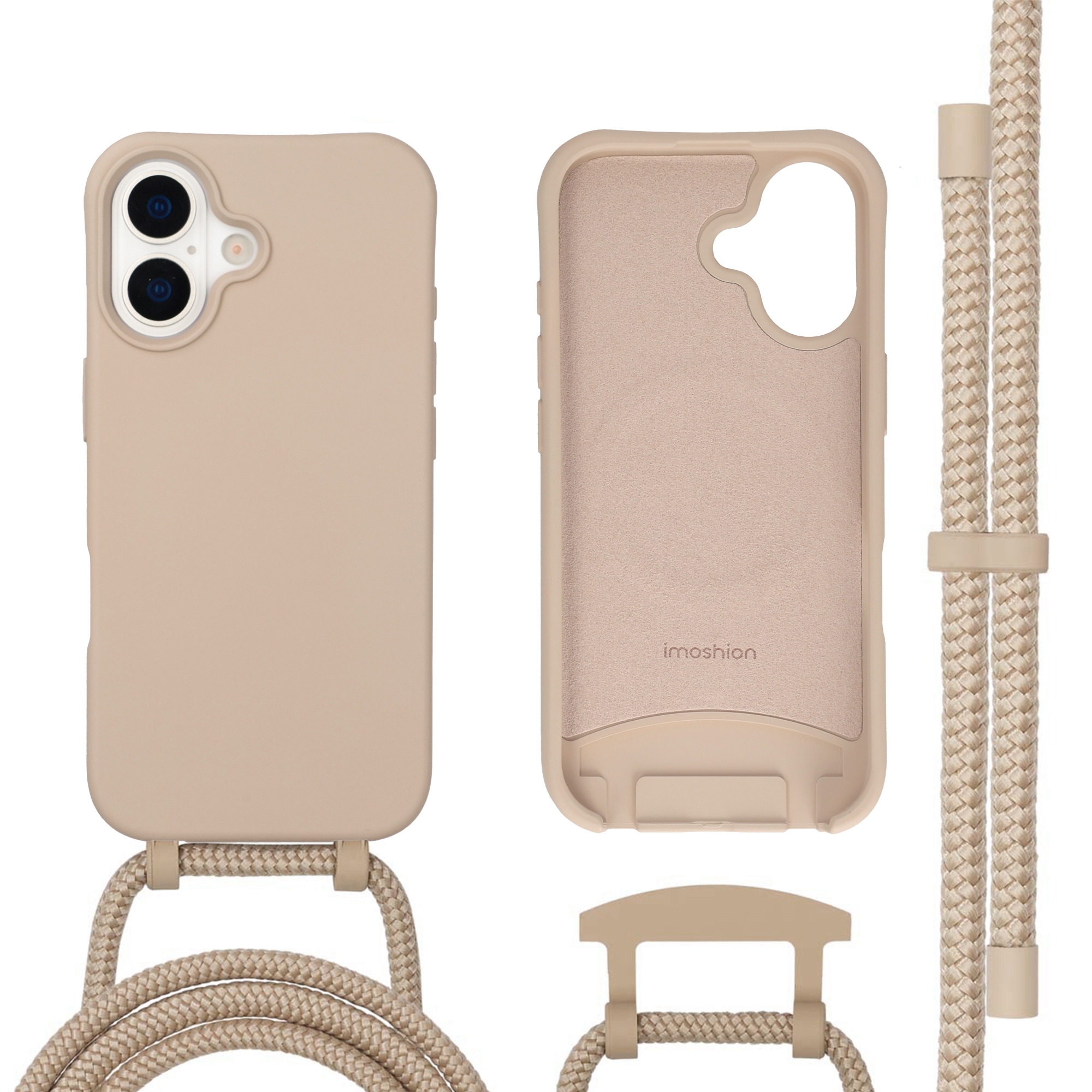 Coque de téléphone beige avec double appareil photo et cordon.
