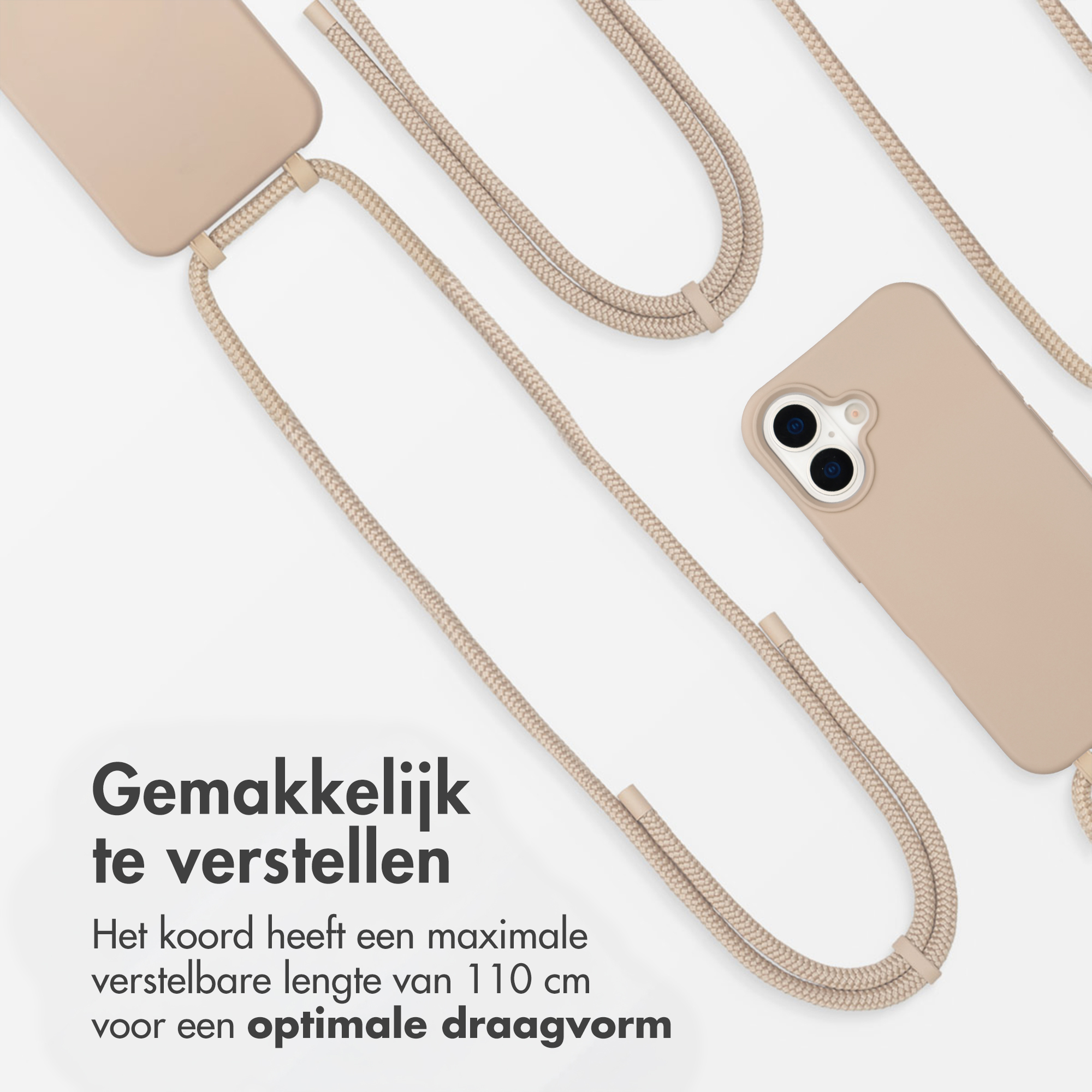 Une coque de téléphone beige avec cordon tressé sur fond blanc.