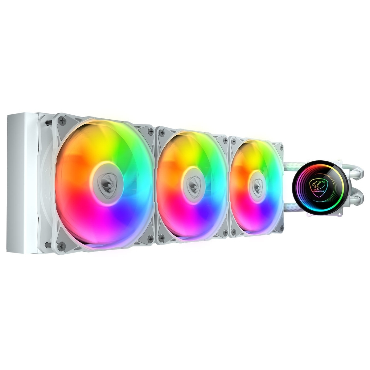 Biała chłodnica CPU z trzema wentylatorami RGB i okrągłą głowicą pompy.