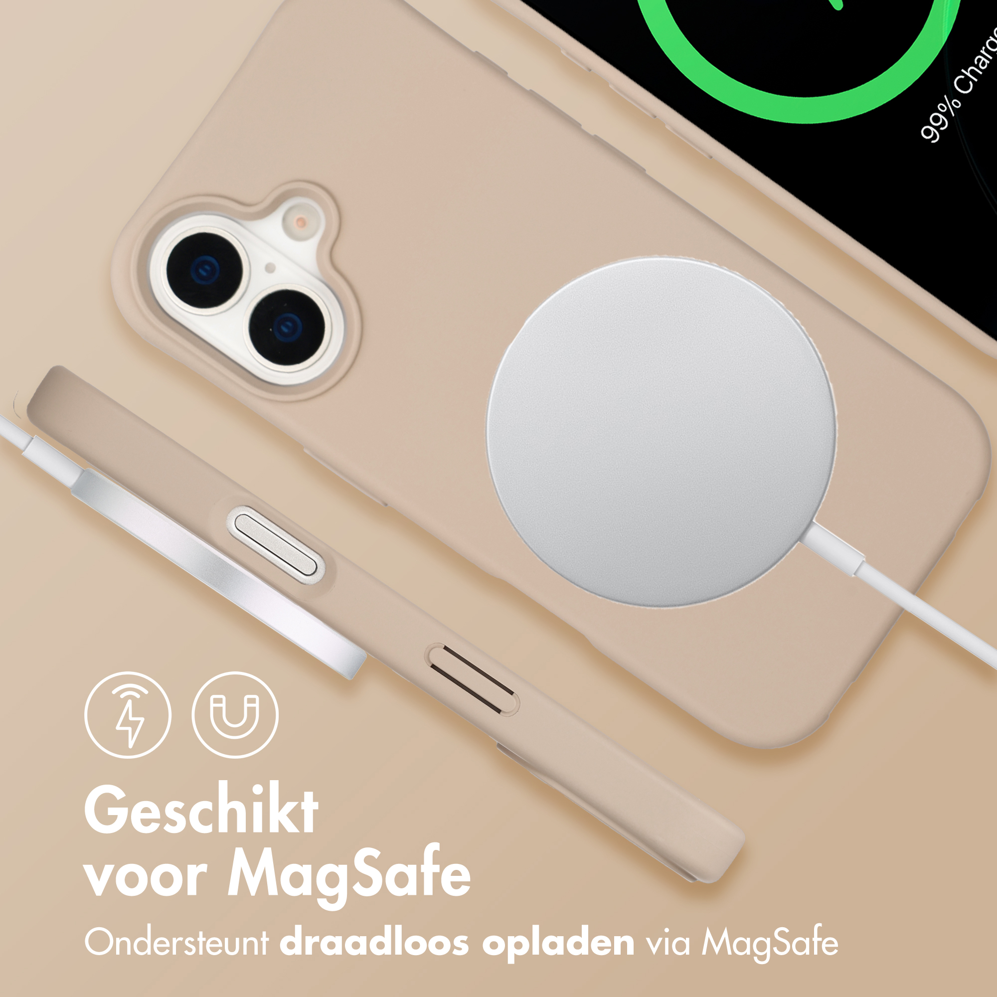 Un téléphone beige avec chargeur MagSafe. 99% chargé.