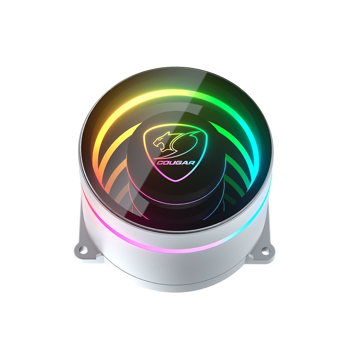 Srebrny cooler CPU z oświetleniem RGB i logo Cougar.