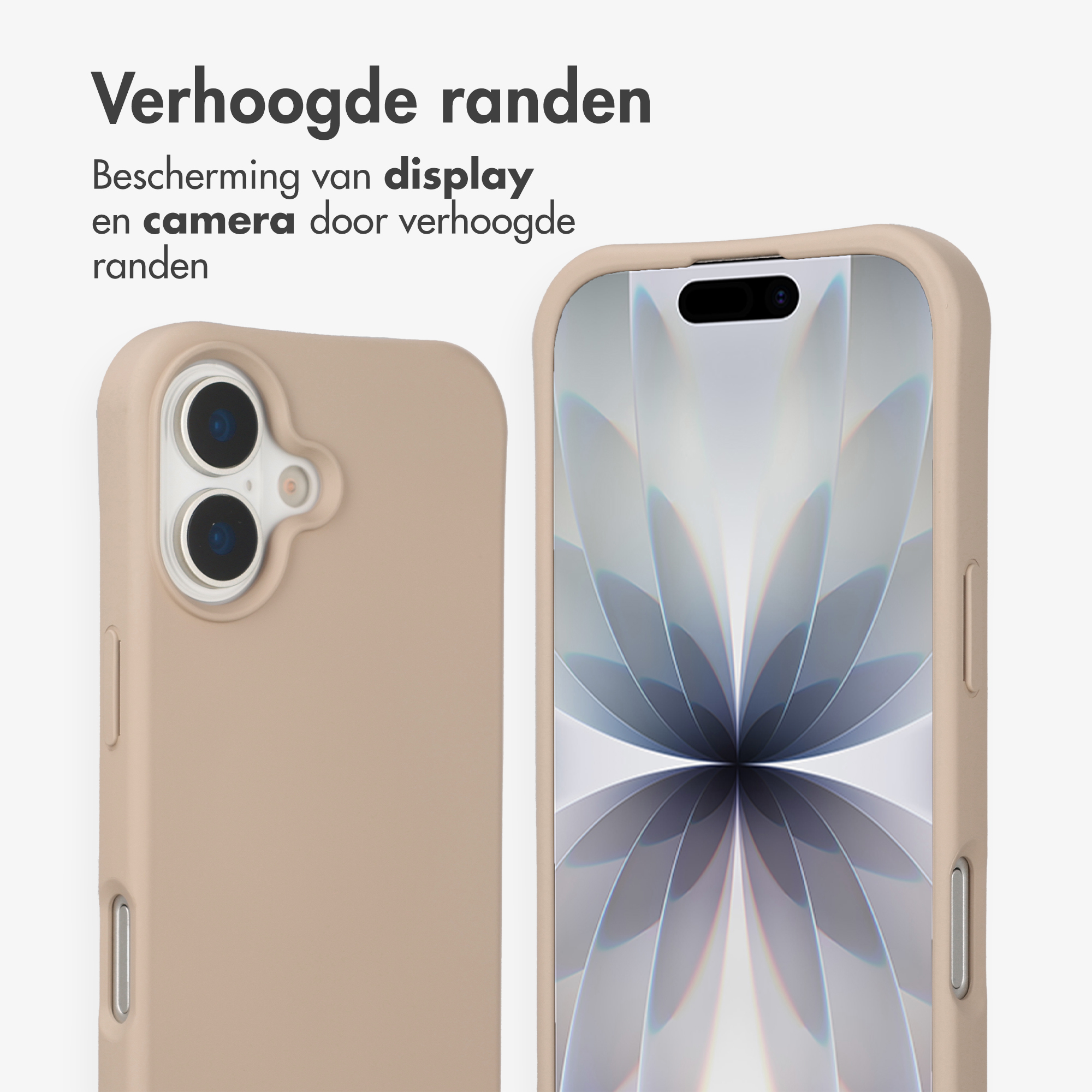Une coque de téléphone beige à bords surélevés à côté d'un téléphone affichant un motif bleu et gris.