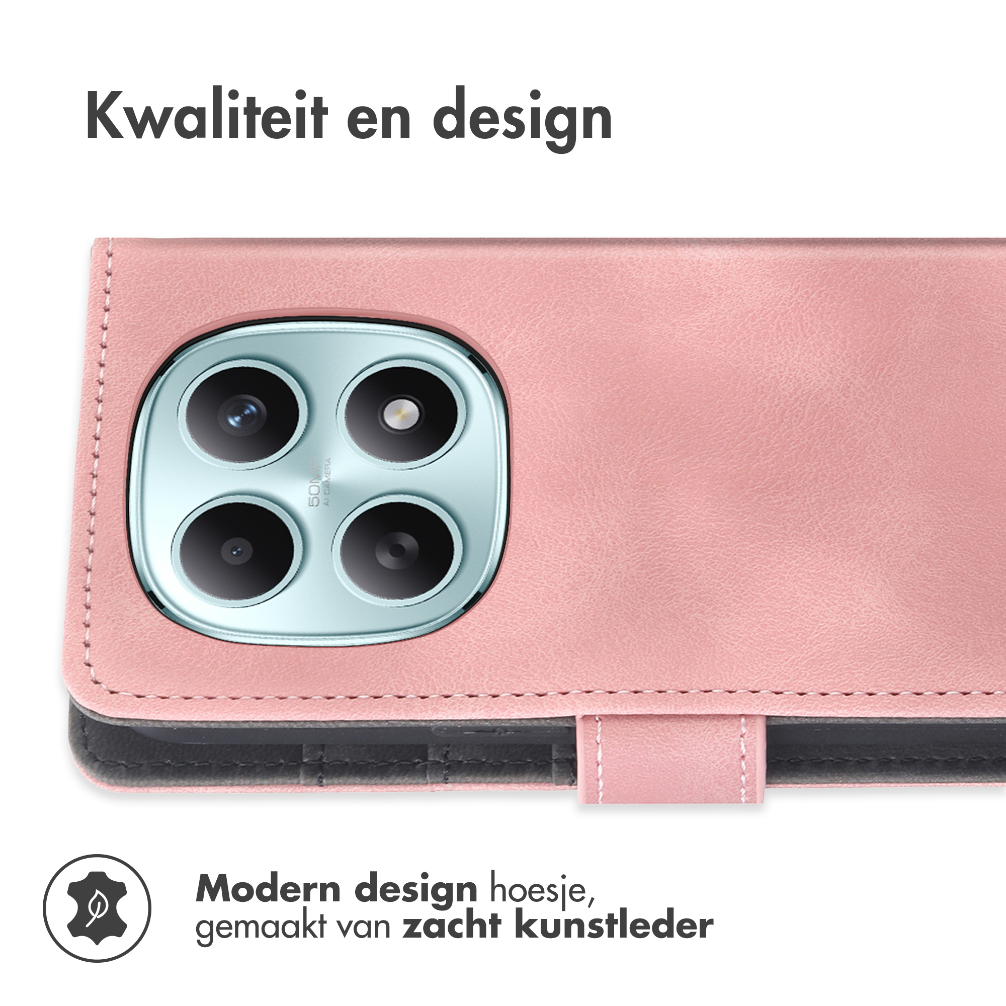 Coque de téléphone rose avec quatre caméras et texte. En similicuir.