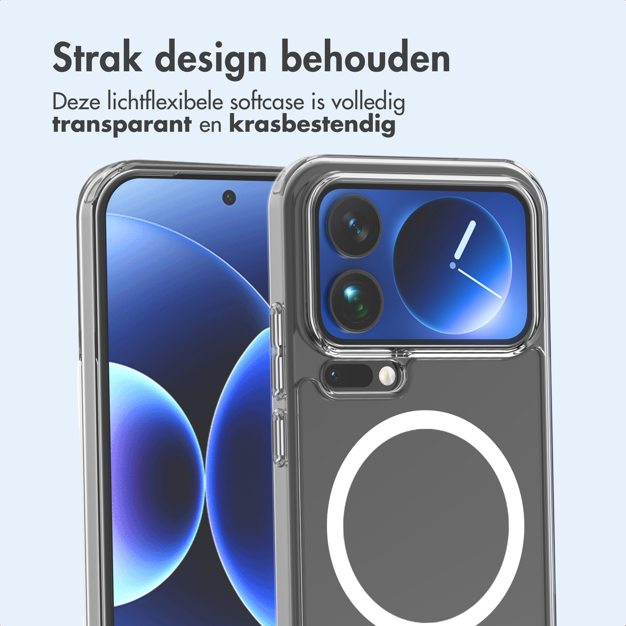 Custodia trasparente per telefono con fotocamera e anello magnetico.